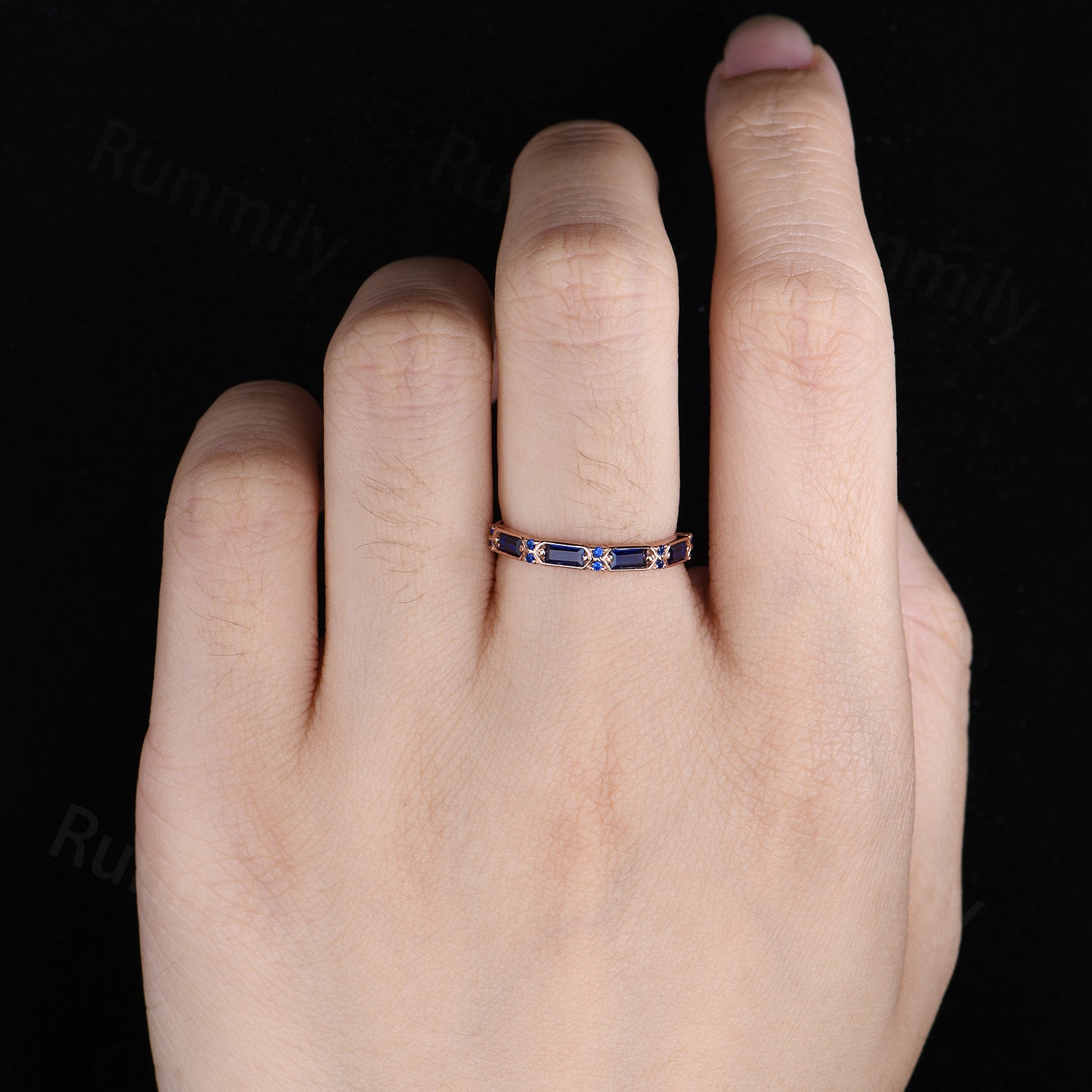 Antique Blue Sapphire Wedding Band Rose Gold Half Eternity Band Baguette Cut Blue Gemstone Ring Unique Stacking Ring Art Deco Sapphire Ring
