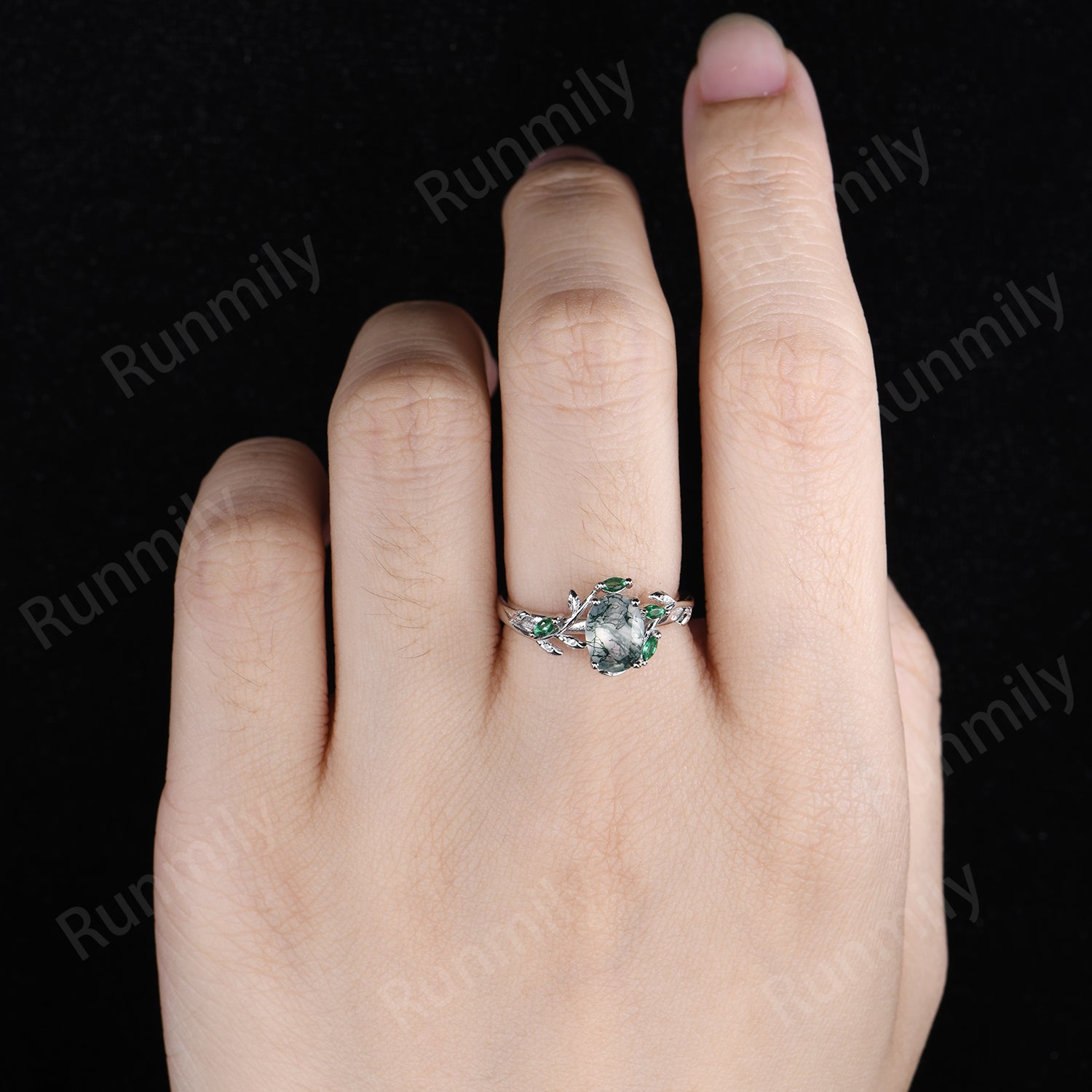Moss Agate Emerald Engagement Ring Oval Cut Branch Ring Green Stones Bridal Promise Rings