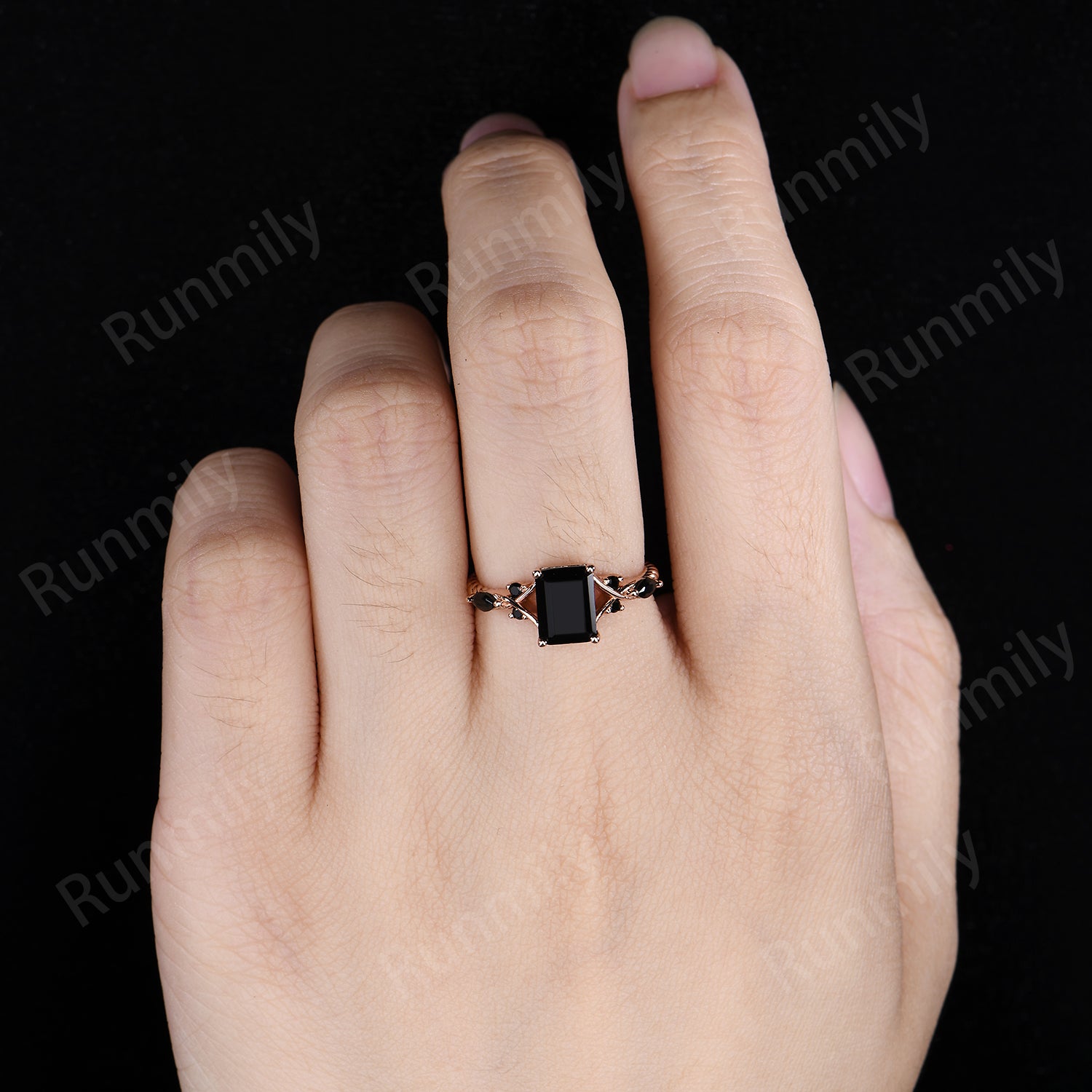 Emerald Cut Black Onyx Engagement Ring Rose Gold Ring Unique Black Onyx Twisted Band Ring Bridal Promise Ring