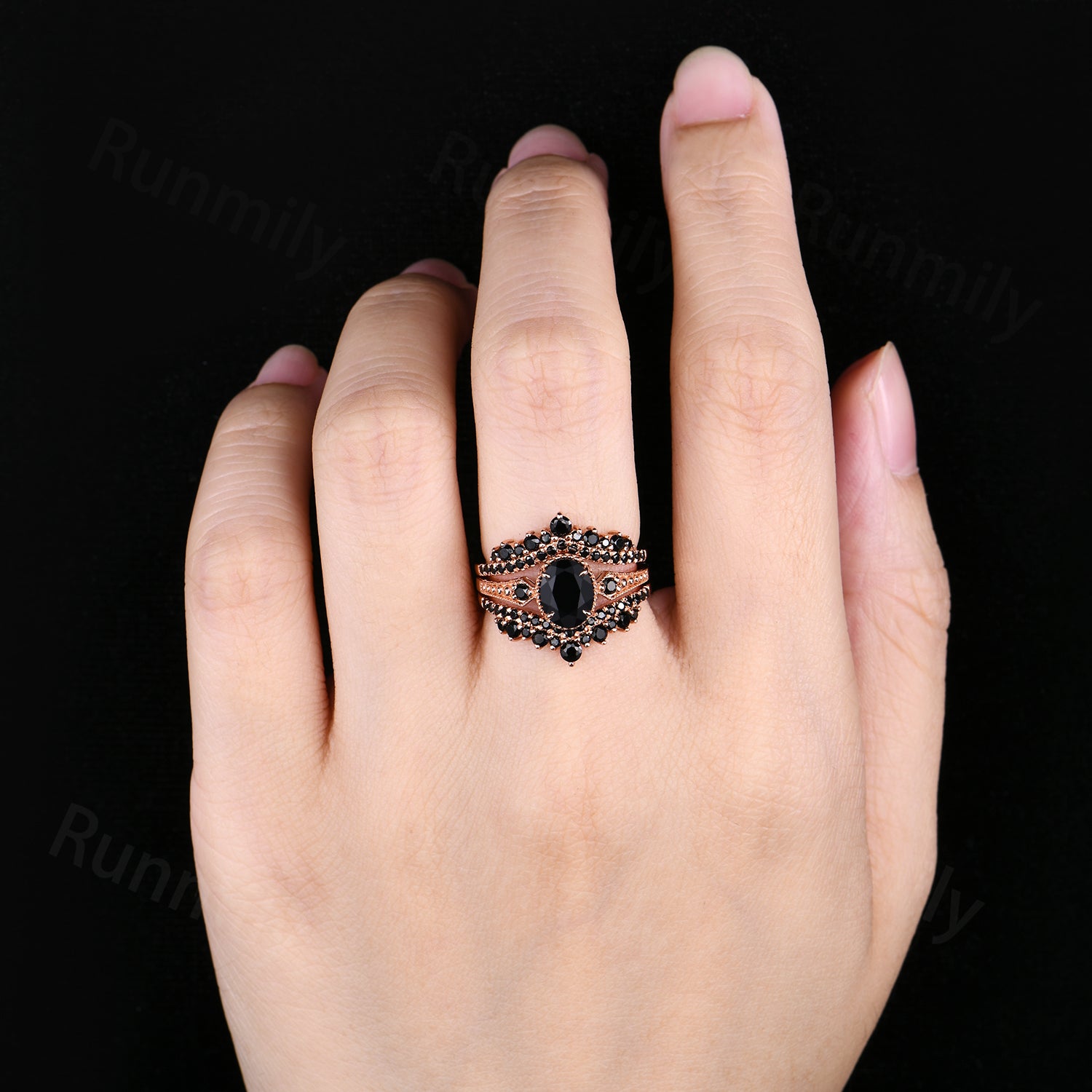 Vintage Black onyx engagement ring Set Unique oval cut ring Double curved black gem wedding band Bridal Promise ring gift women