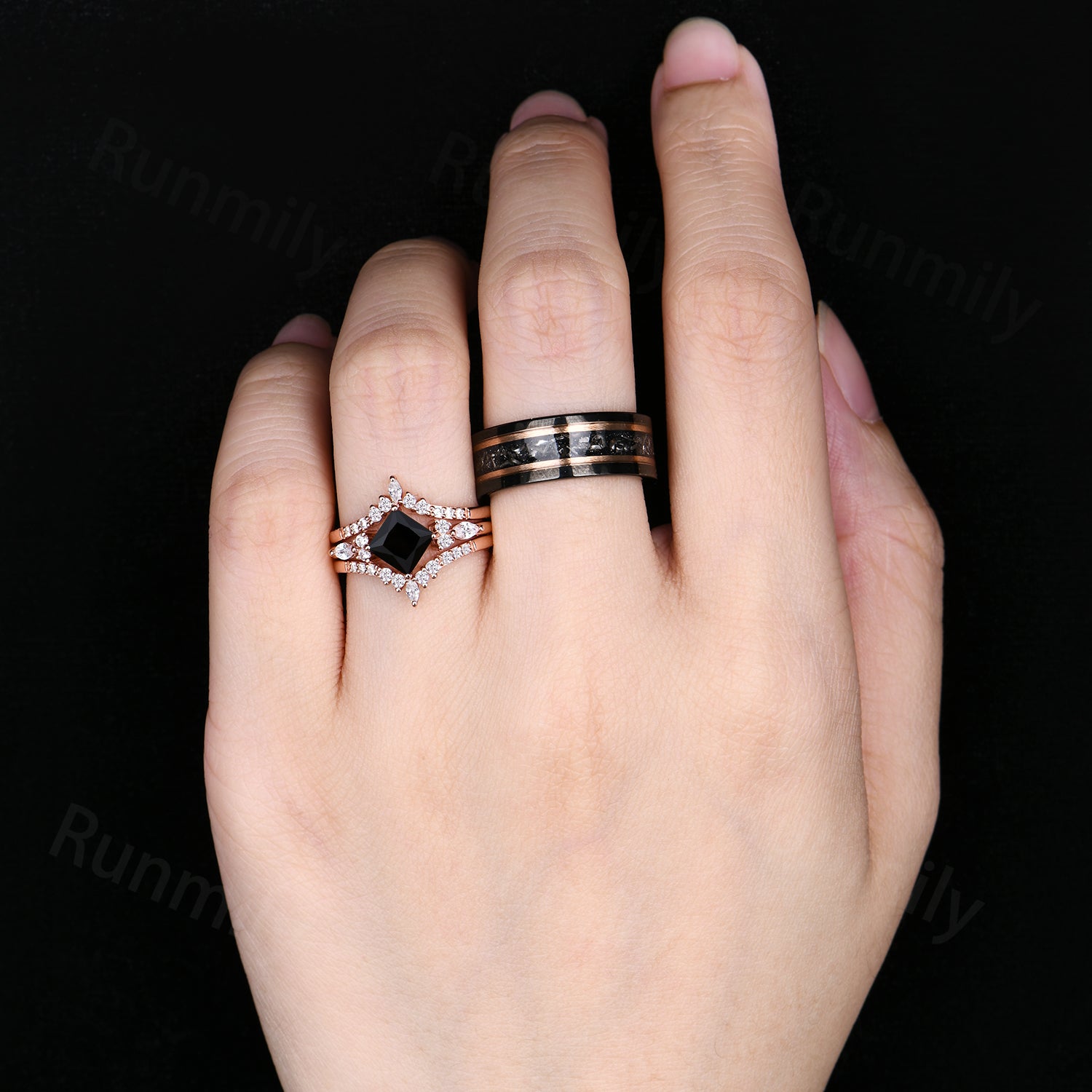Vintage Black Onyx Couples Ring Set Unique Double Curved Moissanite Ring Rose Gold His and Hers Wedding Bands Black Gemstone Rings