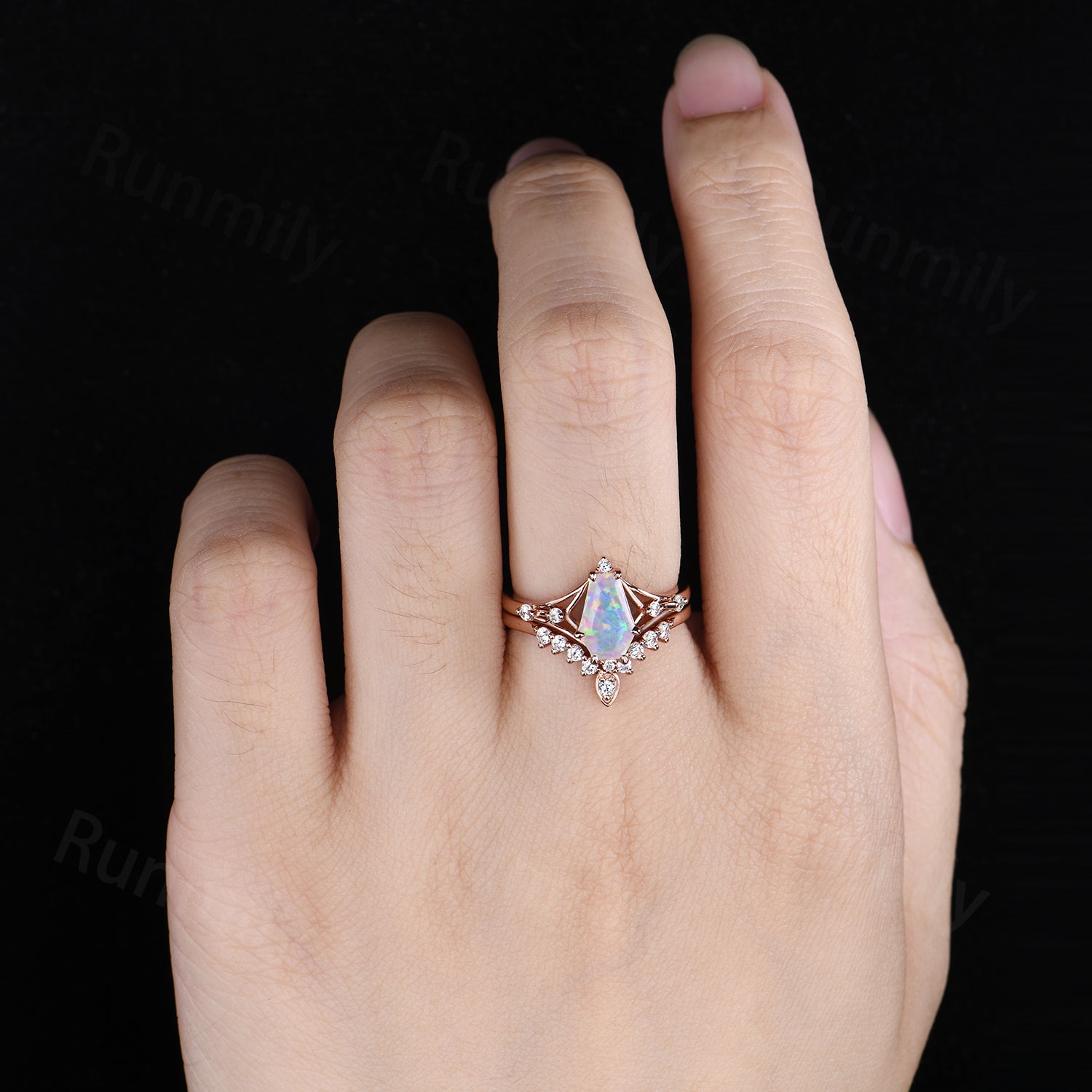 Coffin Cut White Opal Engagement Ring Rose Gold Ring Art Deco Curved Stacking Band Vintage Bridal Ring Unique Moissanite Wedding Set