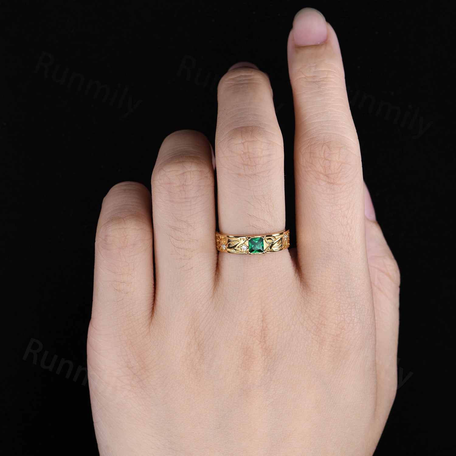 Princess Cut Green Emerald Engagement Ring Green Gemstone Ring For Men Solid 14K Gold Ring Nature Inspired Ring Mens Gold Ring
