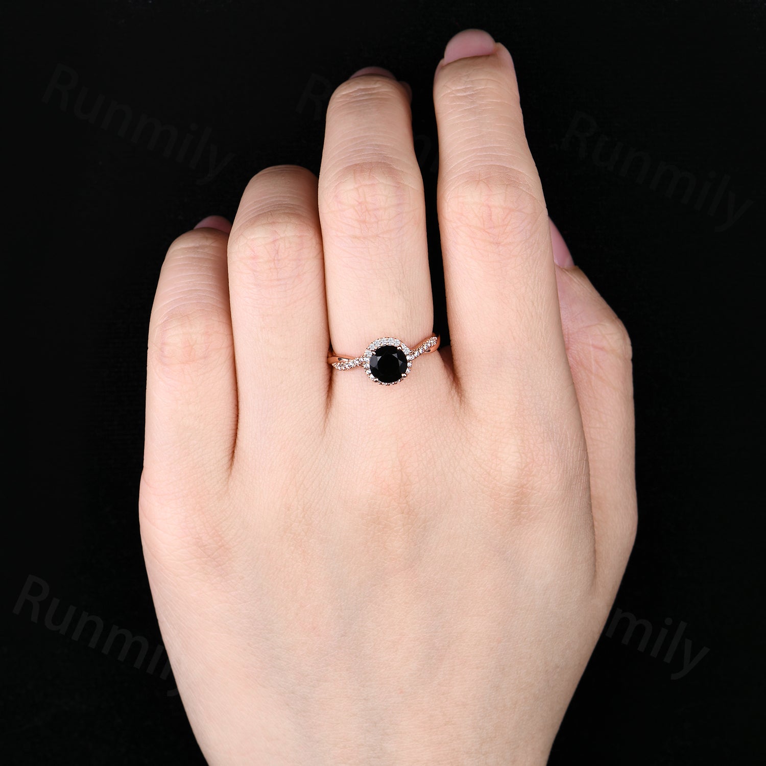 6.5mm Round Black Onyx Engagement Ring Unique Twisted Moissanite Wedding Ring Rose Gold Halo Engagement Ring Promise Gift