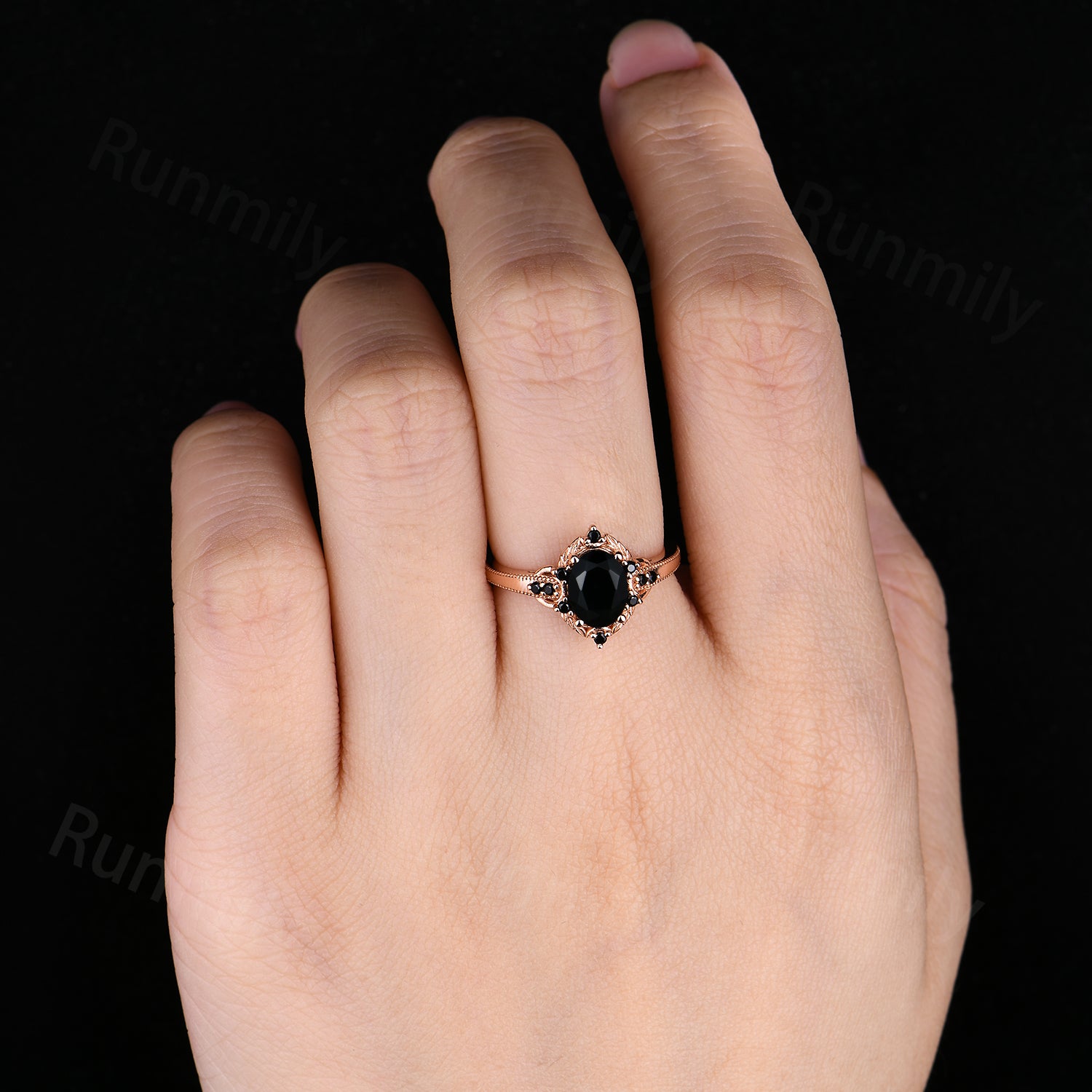 Antique Oval Black Onyx Ring, 14k Rose Gold Vintage Promise Ring