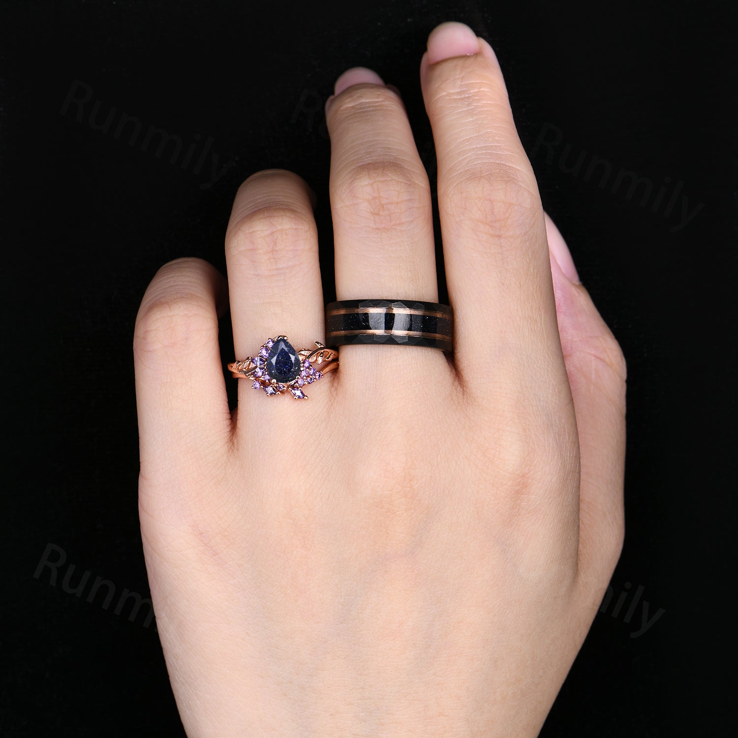 Nature Inspired Ring Set, His and Her Blue Sandstone Wedding Band, Rose Gold Matching Set, Starry Night Couples Ring, Galaxy Cosmic Ring