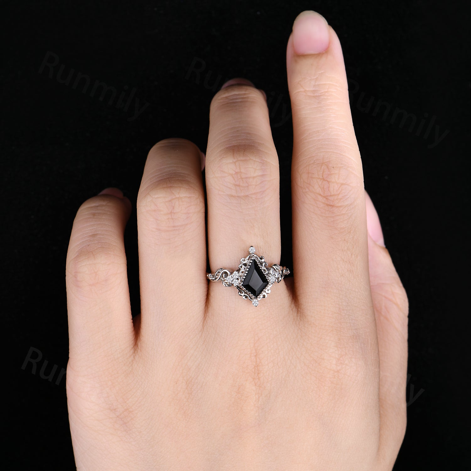 Vintage Kite Cut Black Onyx Engagement Ring, Sterling Silver Twig & Moissanite