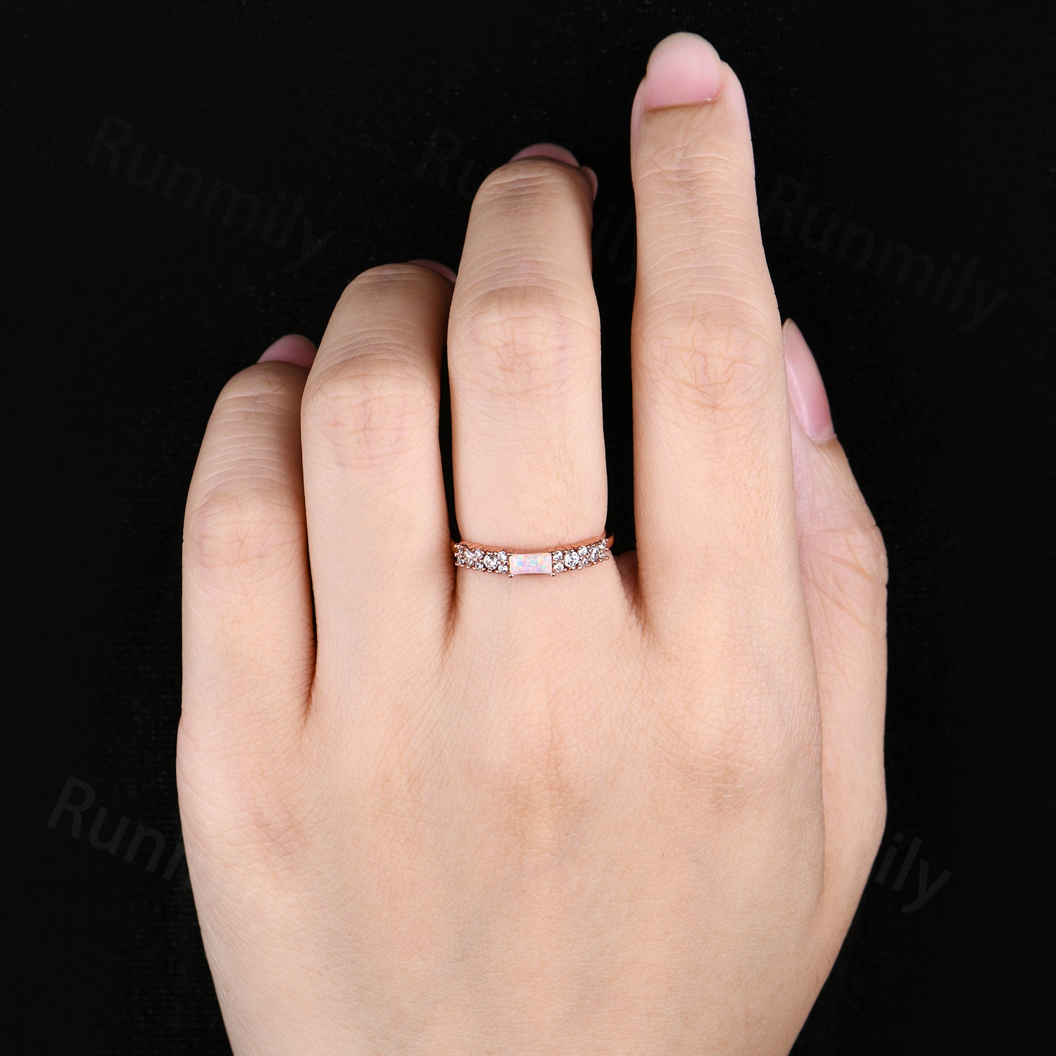 Vintage Baguette Opal Wedding Band Unique Moissanite Cluster Stackable Ring Anniversary Art Deco Rose Gold Wedding Band