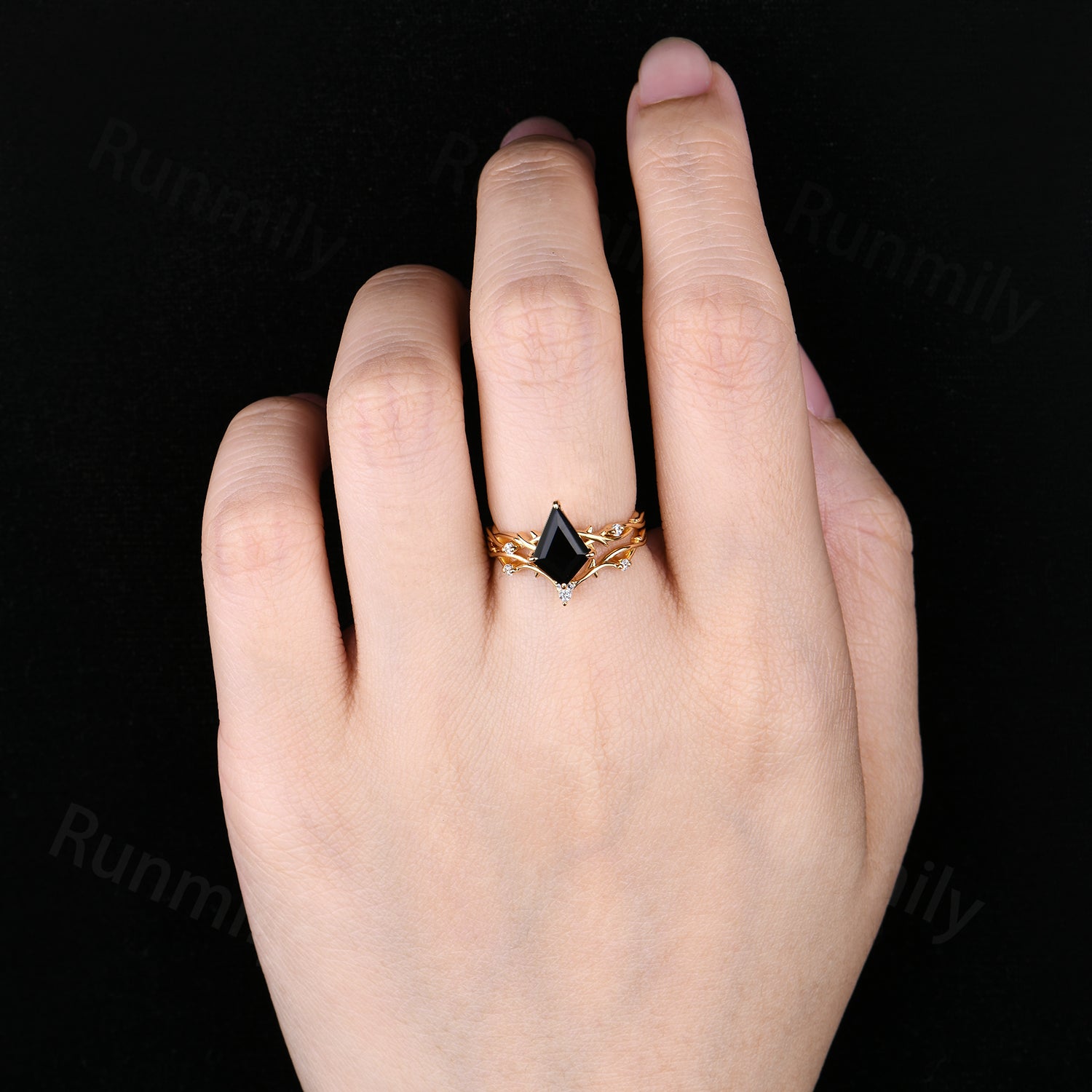 Kite Cut Black Onyx Wedding Ring Set Unique Twig Twist Moissanite Stacking Bridal Ring Art Deco Promise Anniversary Ring Yellow Gold Rings