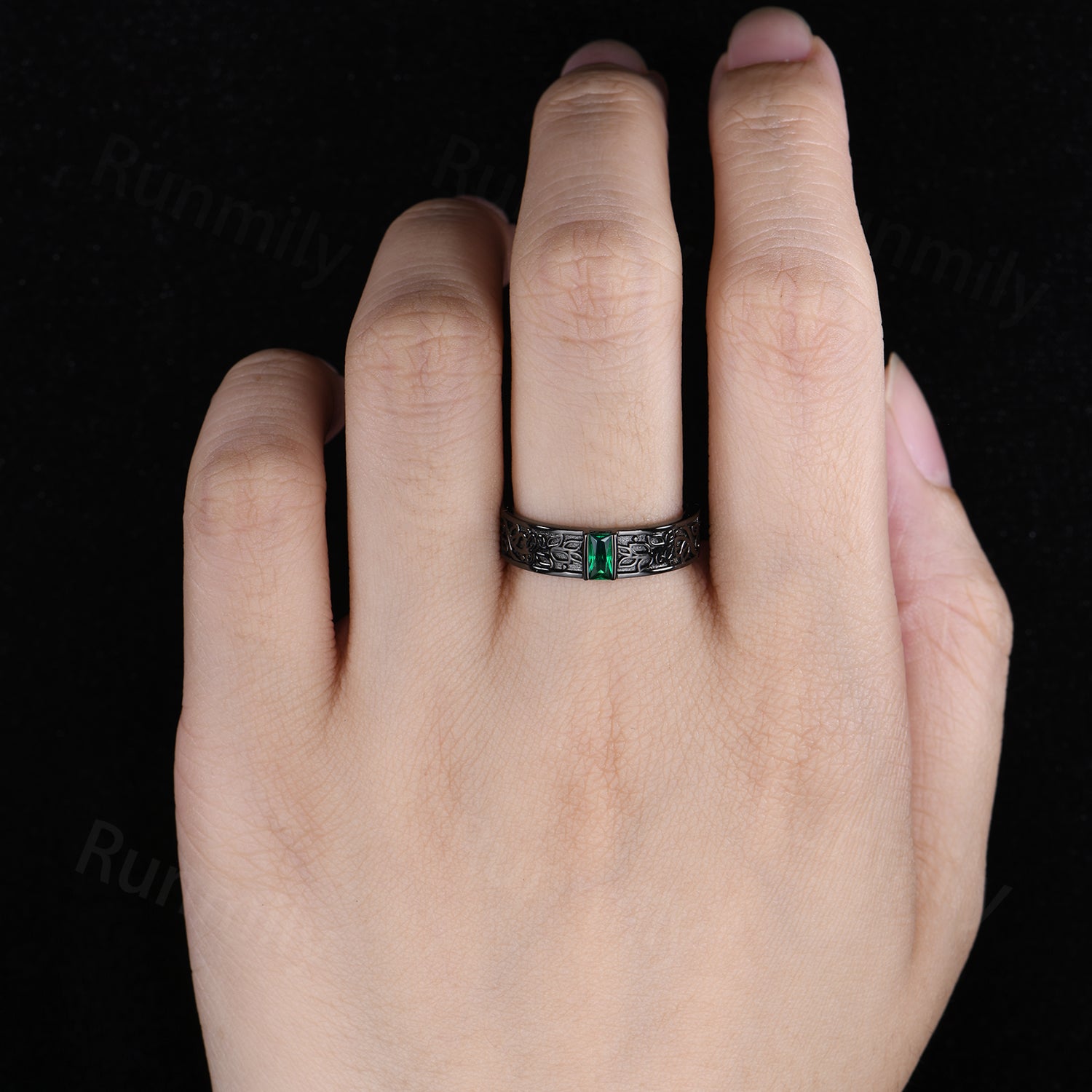 Emerald Mens Wedding Band Gothic Baguette Cut Band Art Deco Leaf Design Unique Black Gold Mens Stacking Band Gift For Him