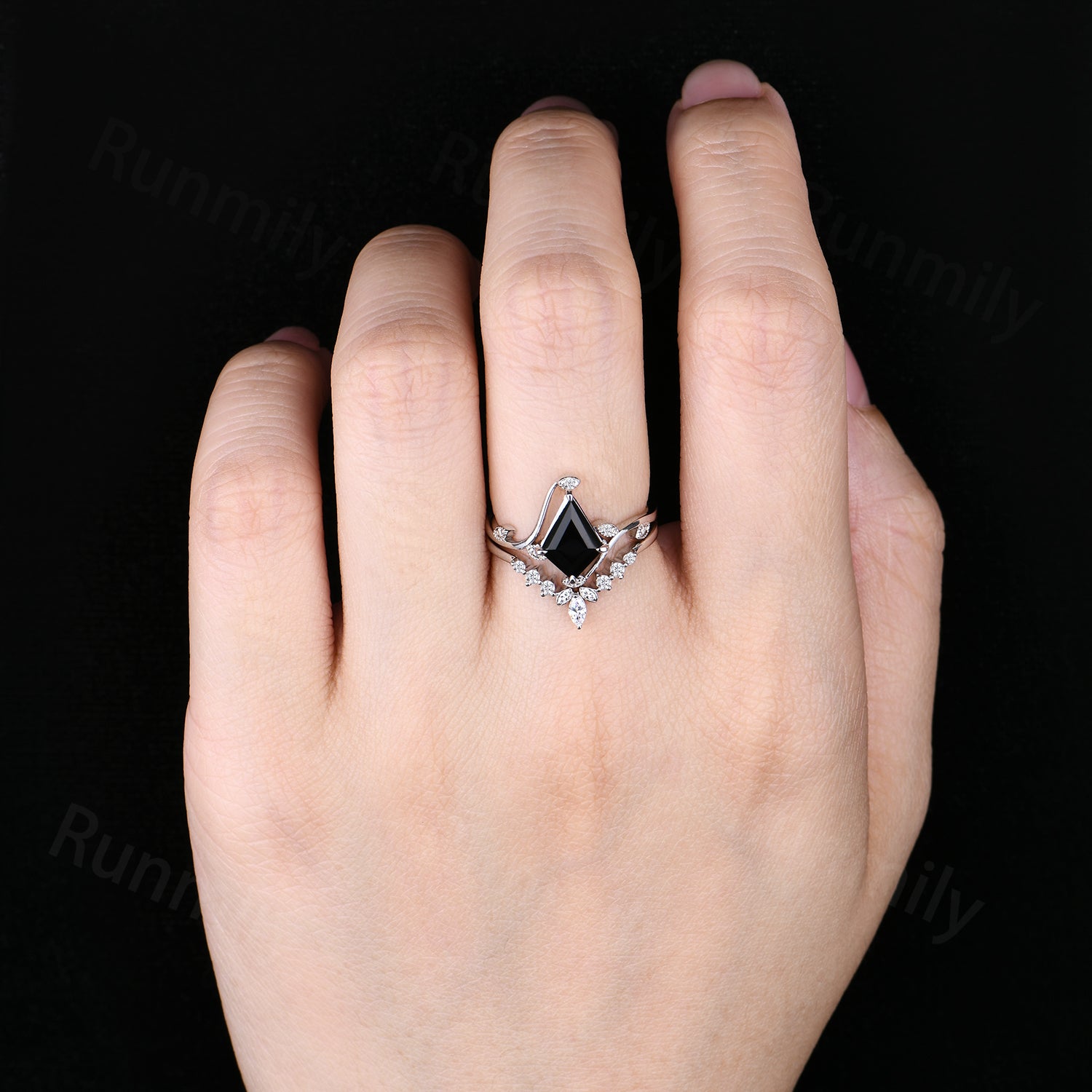 Art Deco Black Onyx Engagement Ring Set Unique Twig Twist Moissanite Stacking Bridal Ring Sterling Silver Promise Anniversary Ring
