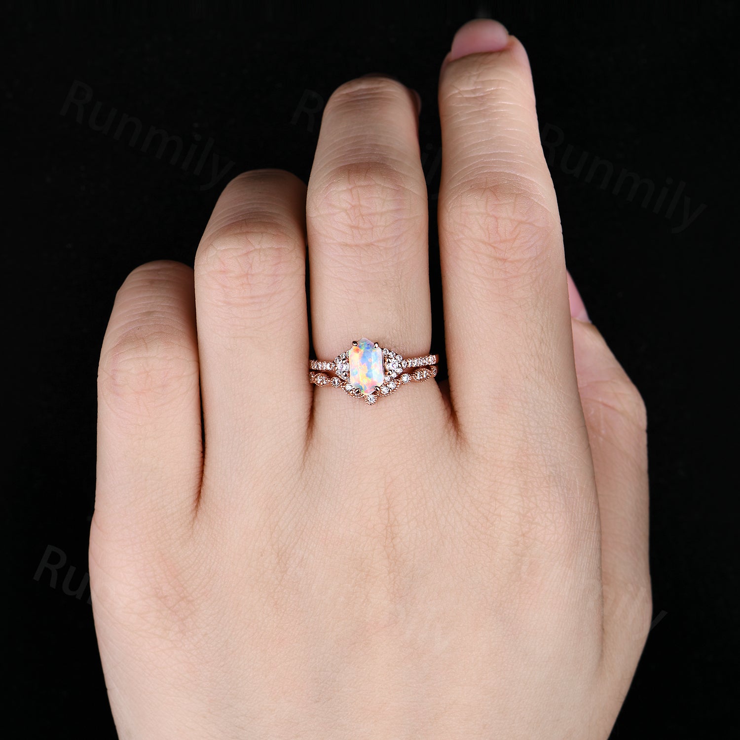 Unique Hexagon Opal Engagement Ring Set, Art Deco Moissanite Wedding Ring Set, October Birthstone Jewelry