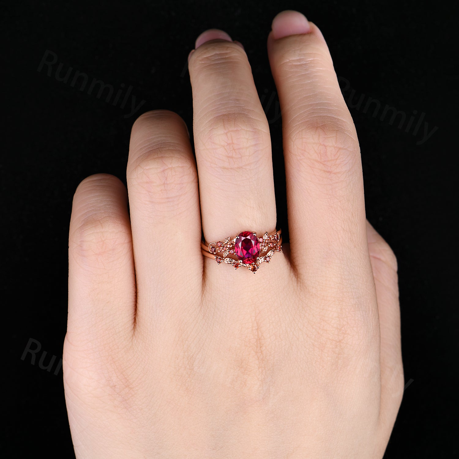 Nature Inspired Ruby Garnet Ring Set, Oval Ruby Engagement Ring, Unique Twig Leaf Garnet Wedding Anniversary Ring
