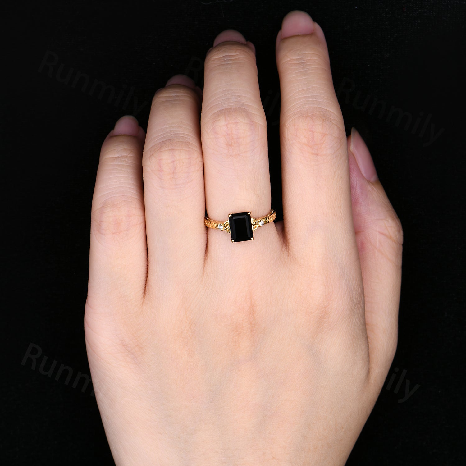 Antique Filigree Black Onyx Engagement Ring Yellow Gold Celtic Knot Ring Vintage Emerald Cut Promise Rings For Women Personalized Jewelry