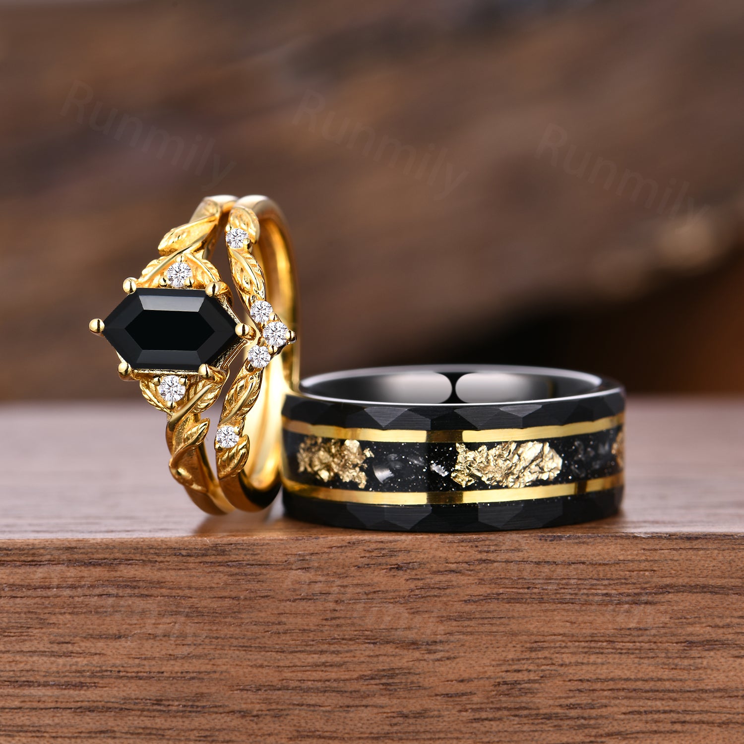 Black Onyx & Meteorite Gold Leaf Couples Ring- His and Hers Wedding Band- Yellow Gold Ring Set- Nature Couples Unique Vintage Promise Ring