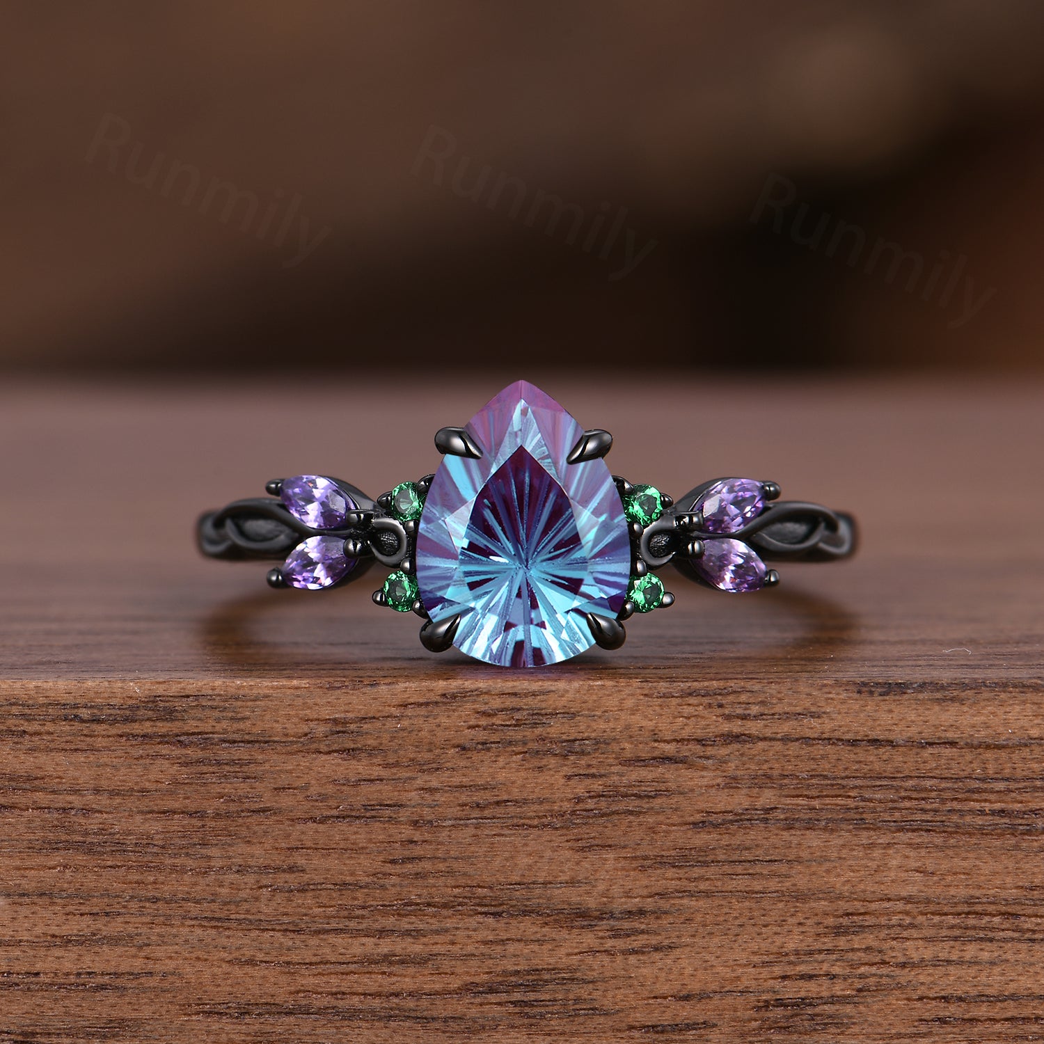 Firework cut Alexandrite Engagement Ring Set, Black Gold Amethyst Emerald Branch Wedding Band