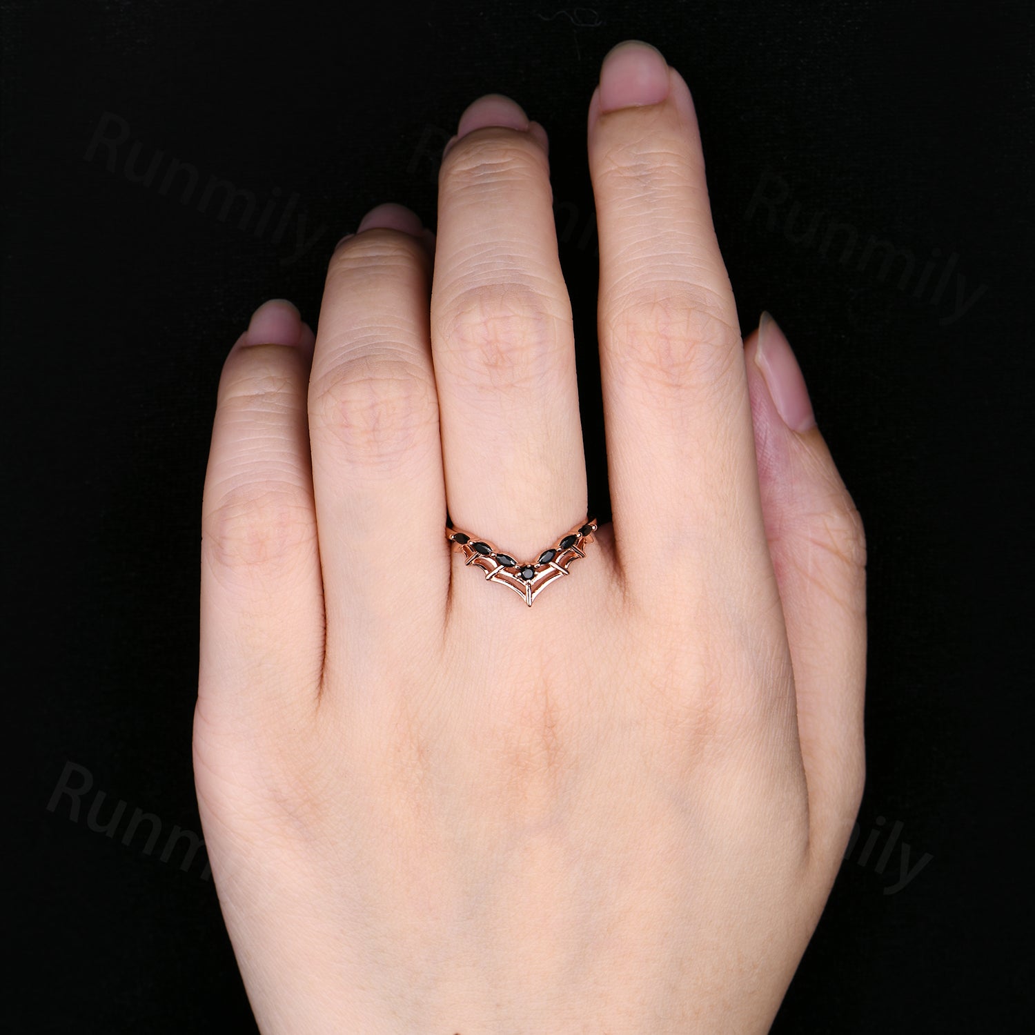 Marquise cut black spinel wedding band Spider web curved wedding ring Gothic stacking matching band Anniversary ring