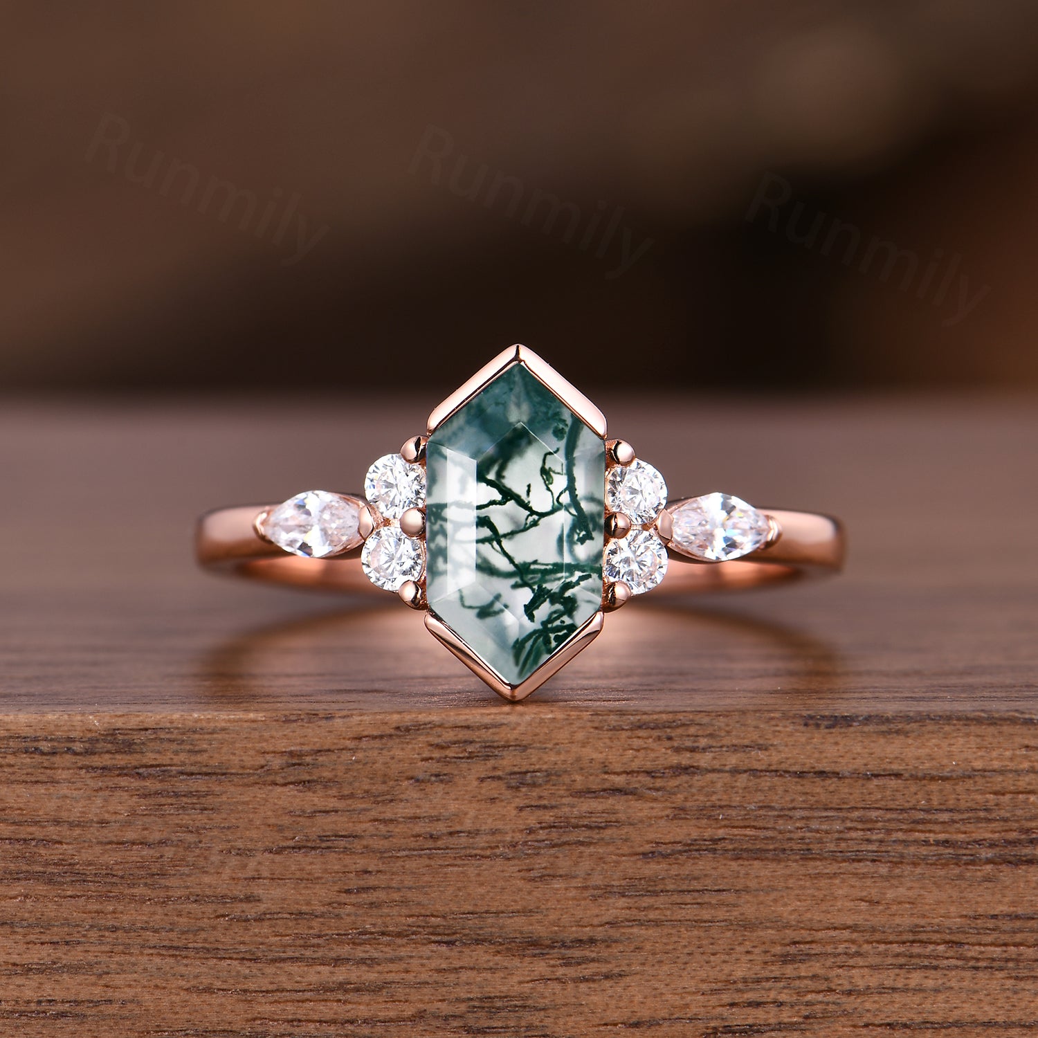 Hexagon moss agate engagement ring set Vintage double band wedding ring Unique Rose gold moissanite ring bridal promise women gift