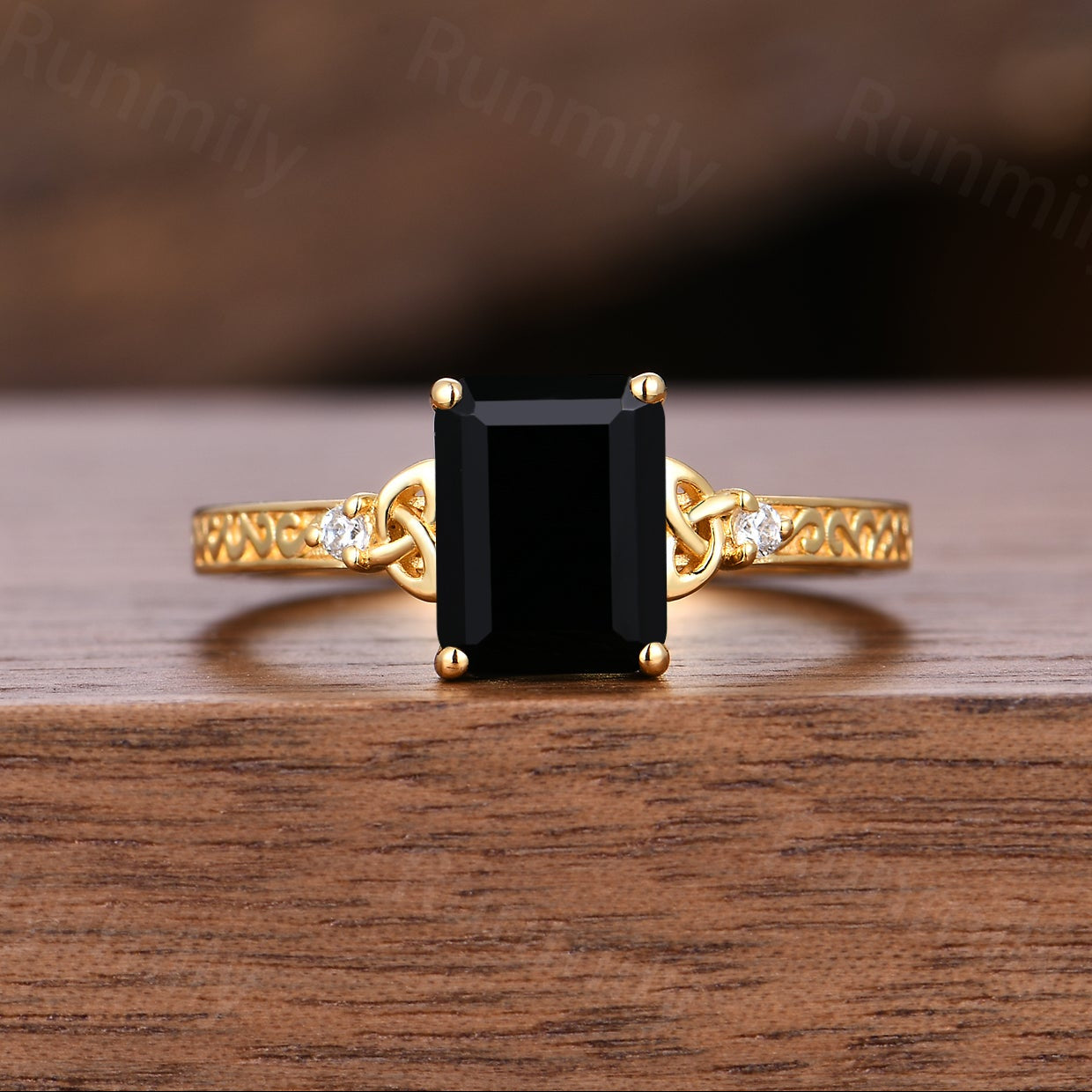 Antique Filigree Black Onyx Engagement Ring Yellow Gold Celtic Knot Ring Vintage Emerald Cut Promise Rings For Women Personalized Jewelry