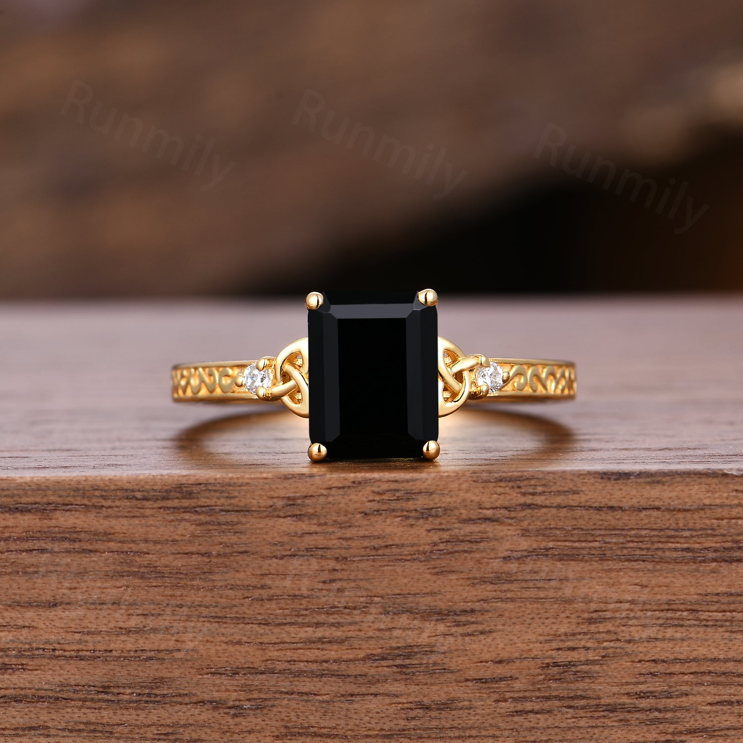 Antique Filigree Black Onyx Engagement Ring Yellow Gold Celtic Knot Ring Vintage Emerald Cut Promise Rings For Women Personalized Jewelry