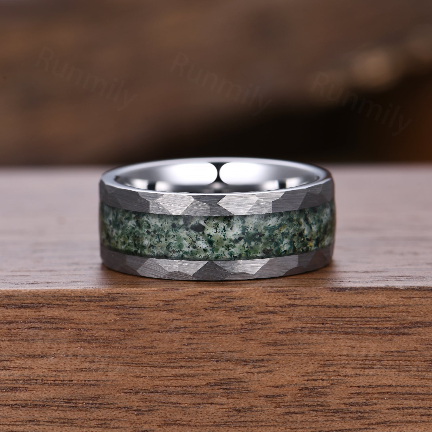 Kite Green Moss Agate Ring Set- His and Hers Wedding Band- Silver & Tungsten Ring Set- Matching Nature Couples Promise Ring