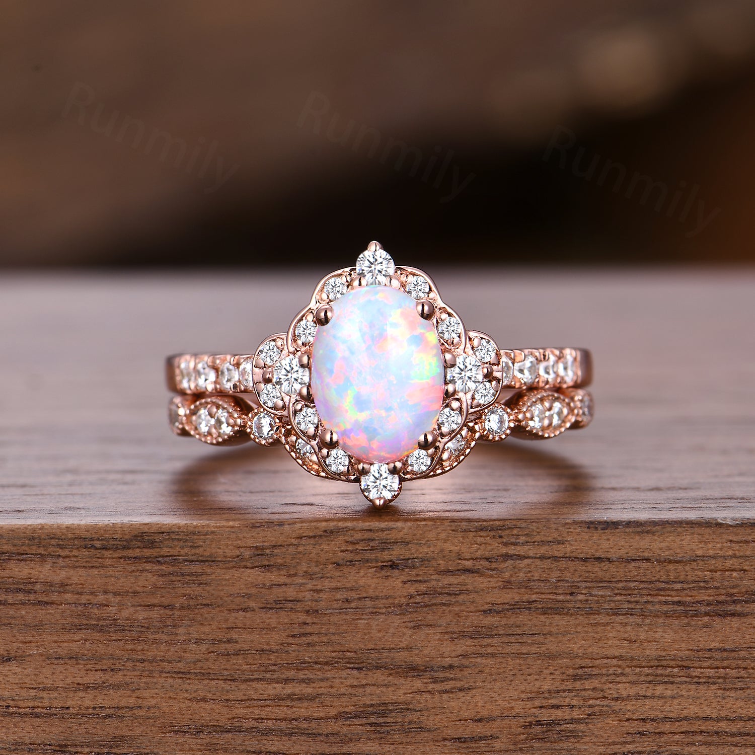 Oval shaped Opal engagement ring set rose gold opal ring vintage moissanite wedding ring October birthstone ring unique bridal wedding set