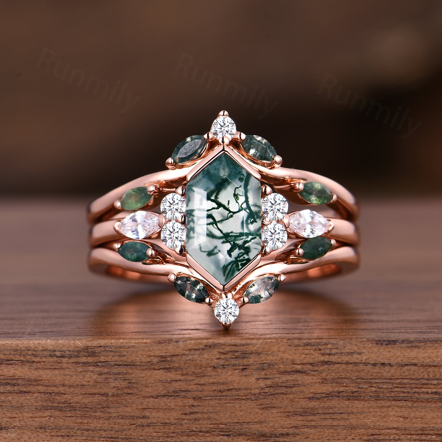 Hexagon moss agate engagement ring set Vintage double band wedding ring Unique Rose gold moissanite ring bridal promise women gift