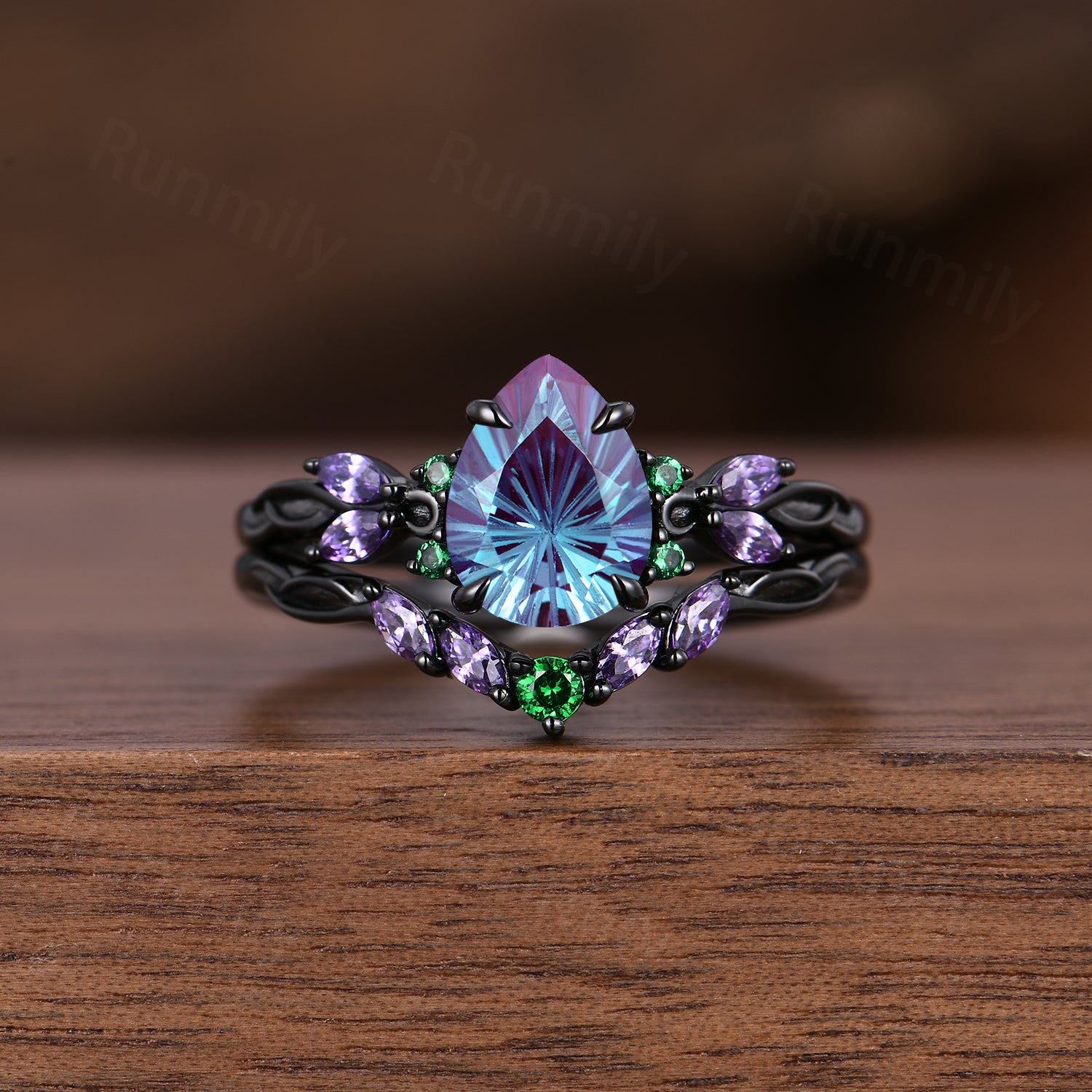 Firework cut Alexandrite Engagement Ring Set, Black Gold Amethyst Emerald Branch Wedding Band