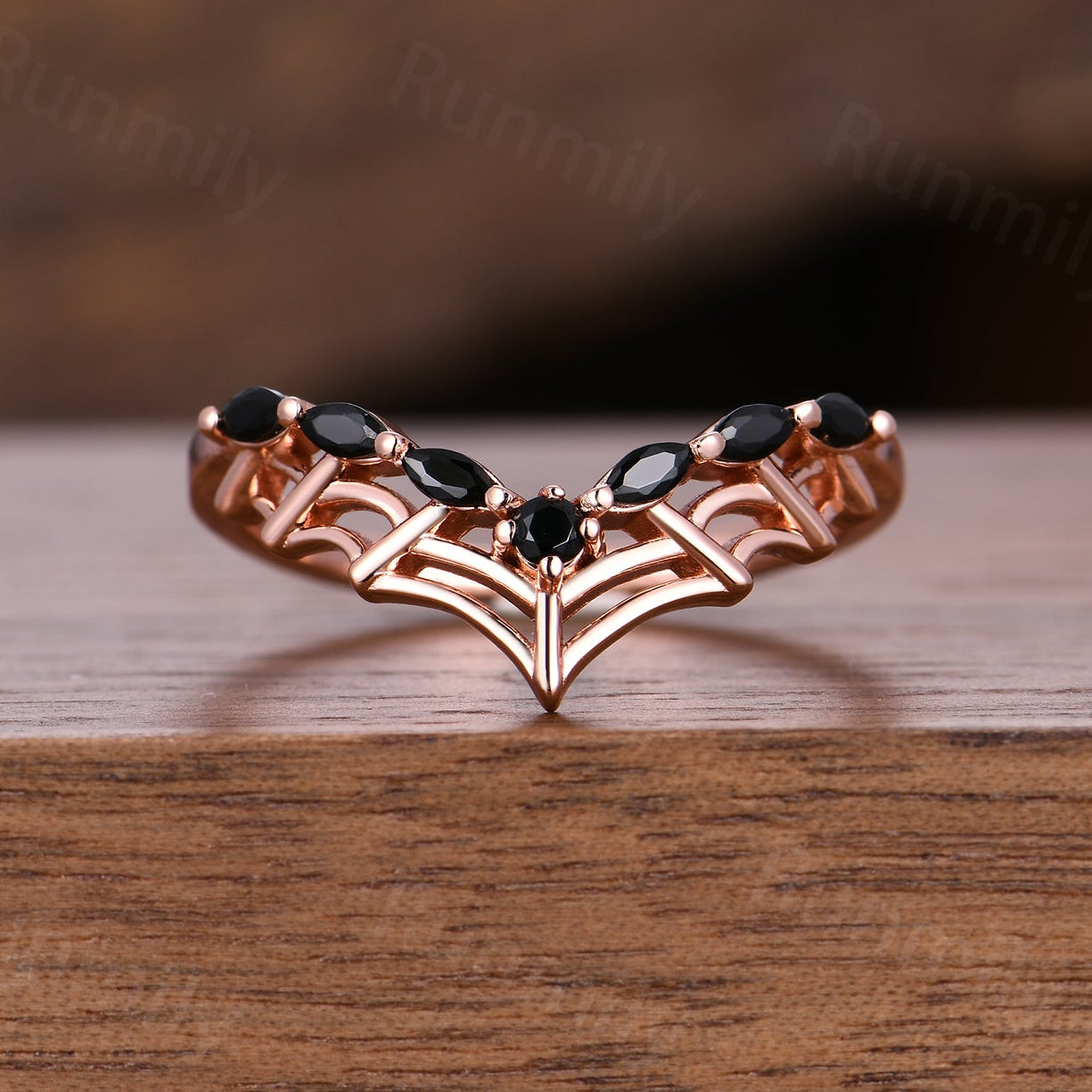 Marquise cut black spinel wedding band Spider web curved wedding ring Gothic stacking matching band Anniversary ring