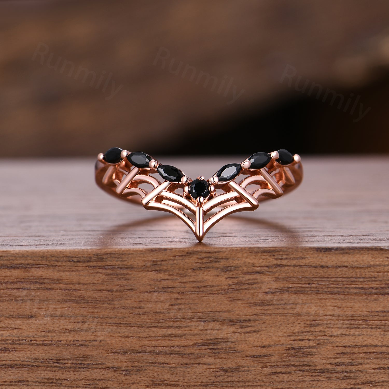 Marquise cut black spinel wedding band Spider web curved wedding ring Gothic stacking matching band Anniversary ring