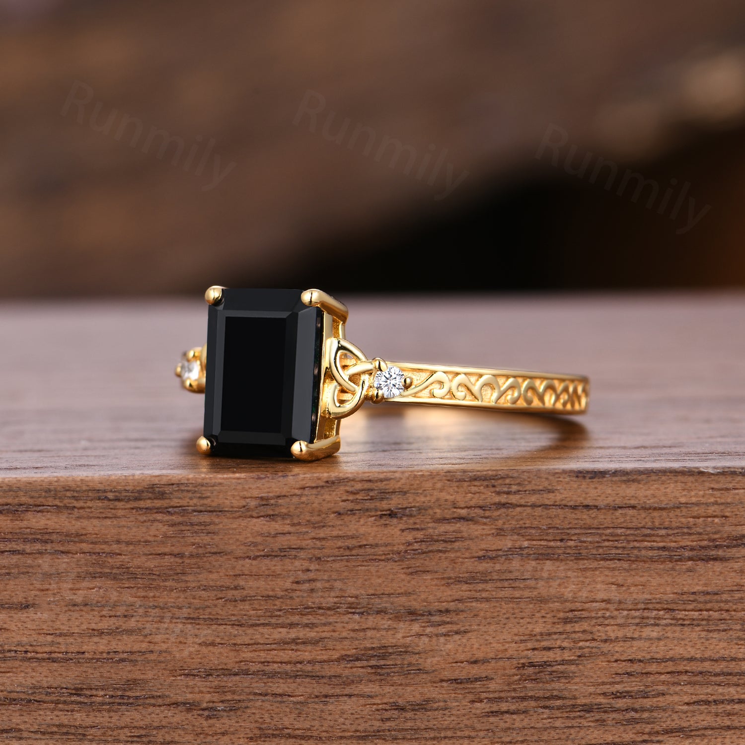 Antique Filigree Black Onyx Engagement Ring Yellow Gold Celtic Knot Ring Vintage Emerald Cut Promise Rings For Women Personalized Jewelry