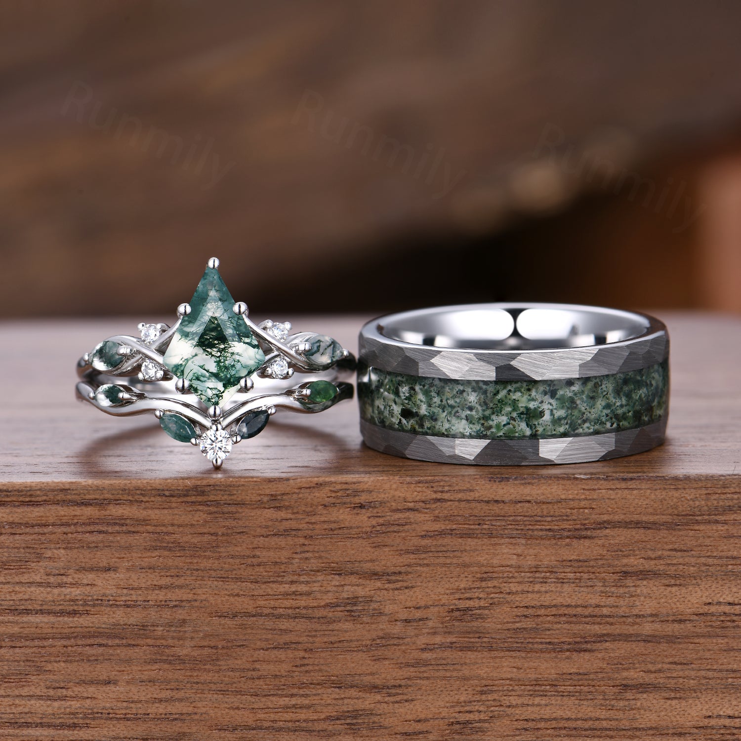 Kite Green Moss Agate Ring Set- His and Hers Wedding Band- Silver & Tungsten Ring Set- Matching Nature Couples Promise Ring