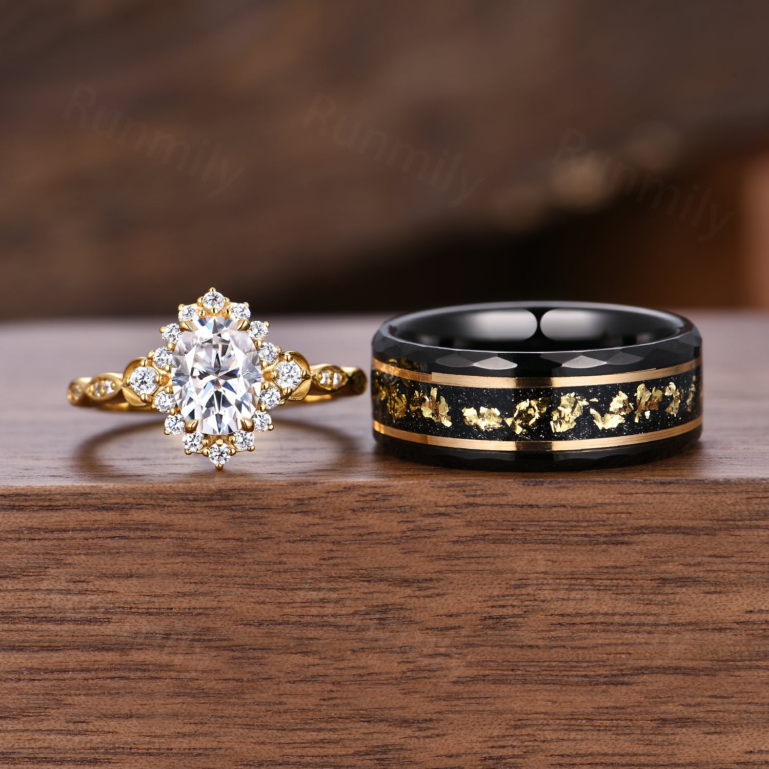 Vintage Moissanite Couples Ring Set Unique Oval Diamond Bridal Ring Yellow Gold His and Hers Wedding Bands Matching Ring Set
