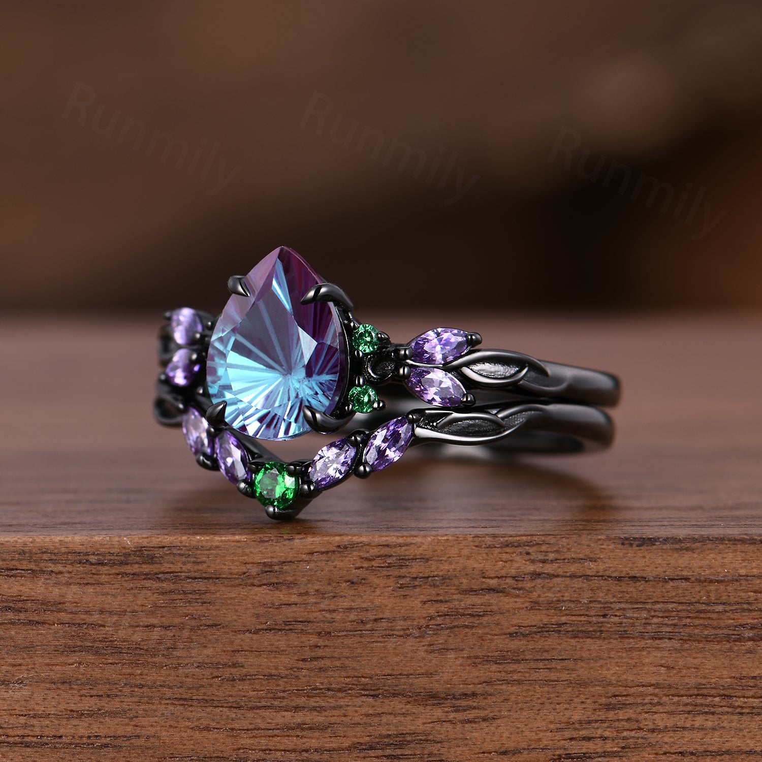 Firework cut Alexandrite Engagement Ring Set, Black Gold Amethyst Emerald Branch Wedding Band