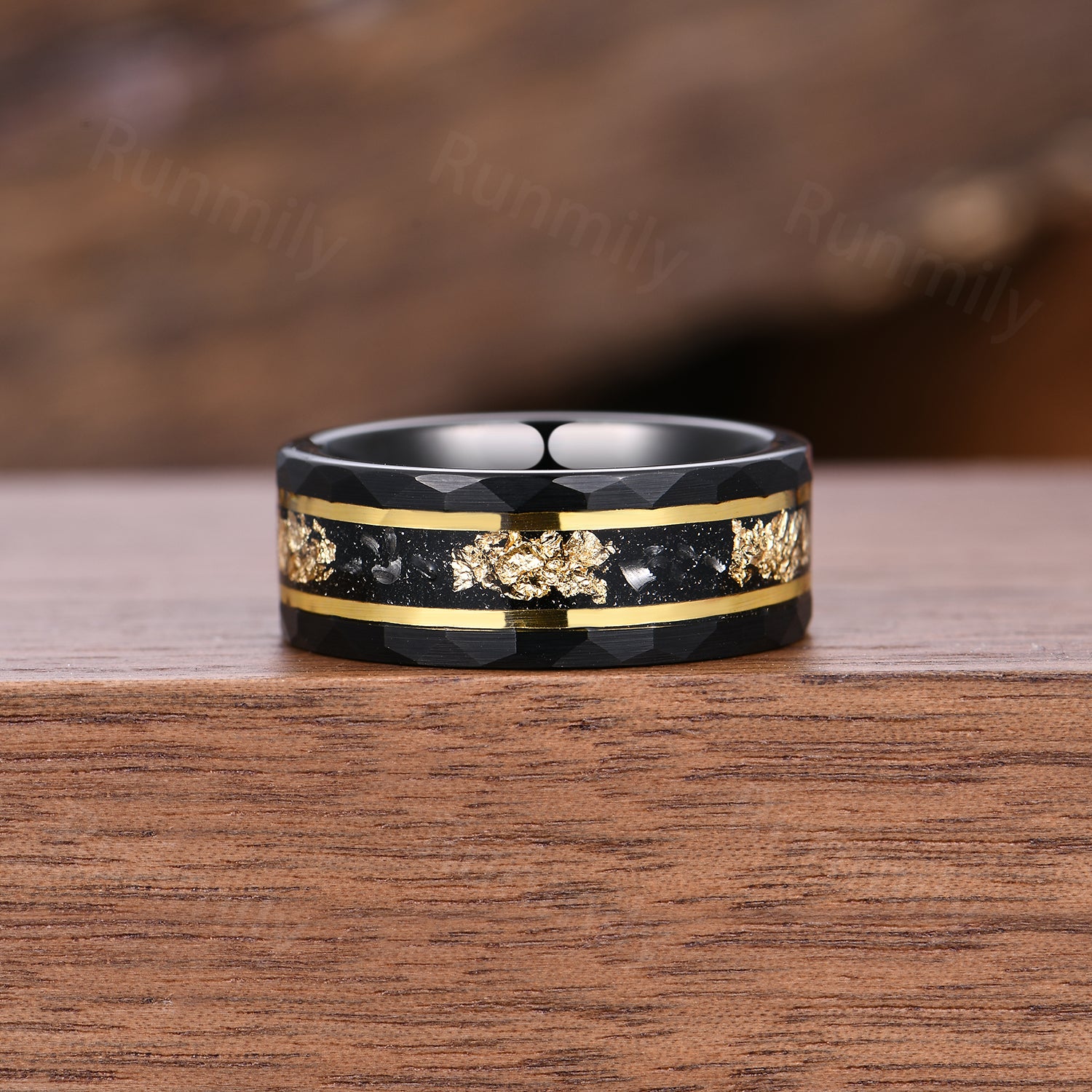 Black Onyx & Meteorite Gold Leaf Couples Ring- His and Hers Wedding Band- Yellow Gold Ring Set- Nature Couples Unique Vintage Promise Ring