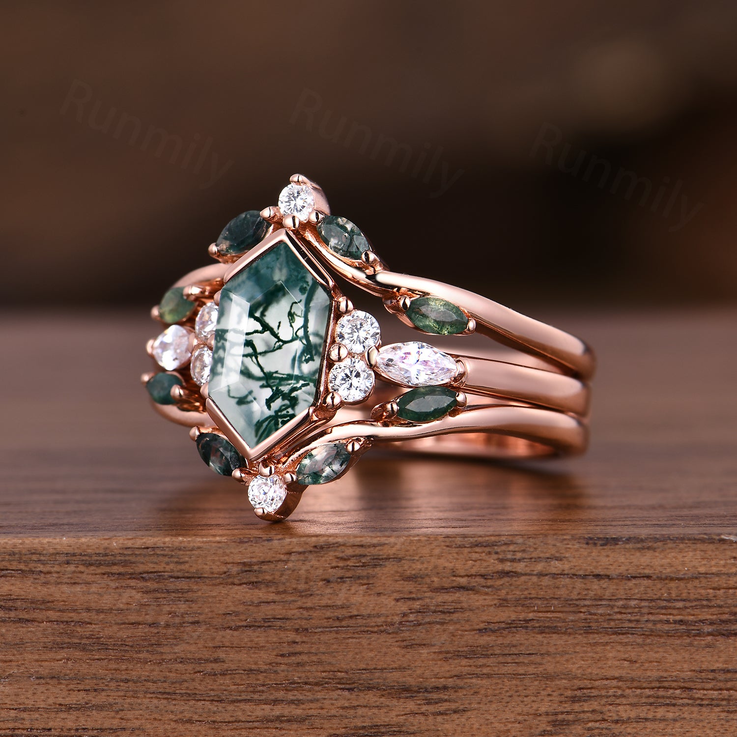 Hexagon moss agate engagement ring set Vintage double band wedding ring Unique Rose gold moissanite ring bridal promise women gift