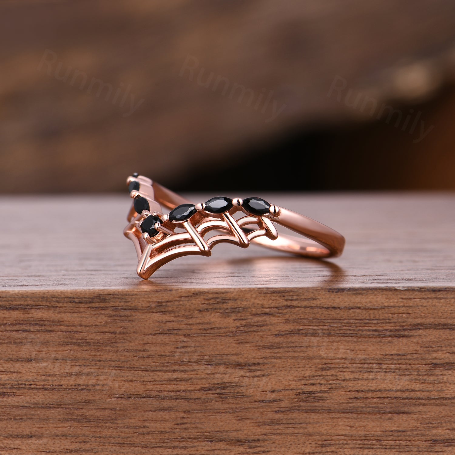 Marquise cut black spinel wedding band Spider web curved wedding ring Gothic stacking matching band Anniversary ring