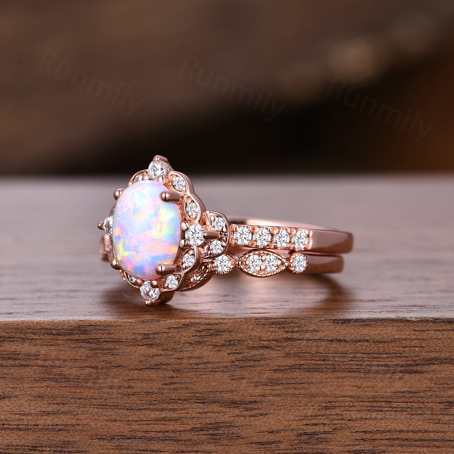 Oval shaped Opal engagement ring set rose gold opal ring vintage moissanite wedding ring October birthstone ring unique bridal wedding set