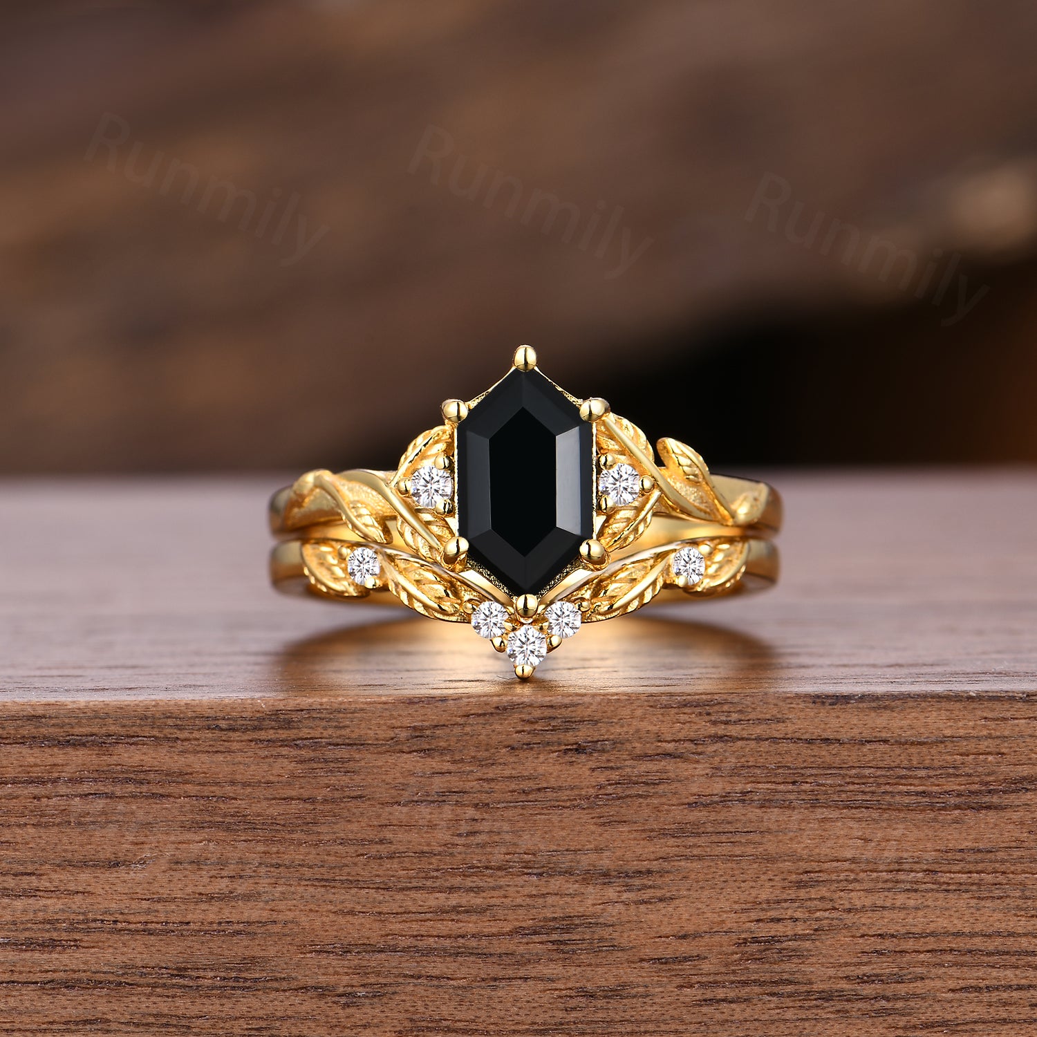 Black Onyx & Meteorite Gold Leaf Couples Ring- His and Hers Wedding Band- Yellow Gold Ring Set- Nature Couples Unique Vintage Promise Ring