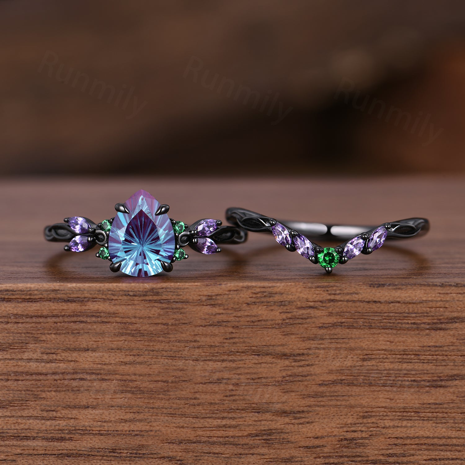 Firework cut Alexandrite Engagement Ring Set, Black Gold Amethyst Emerald Branch Wedding Band