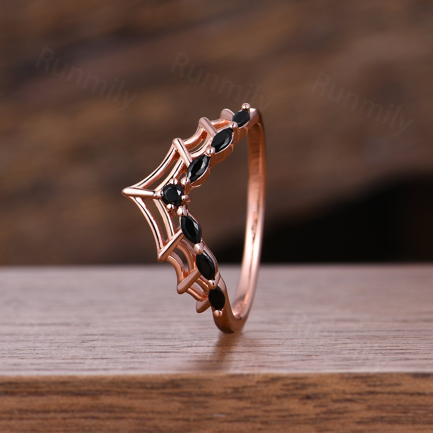 Marquise cut black spinel wedding band Spider web curved wedding ring Gothic stacking matching band Anniversary ring