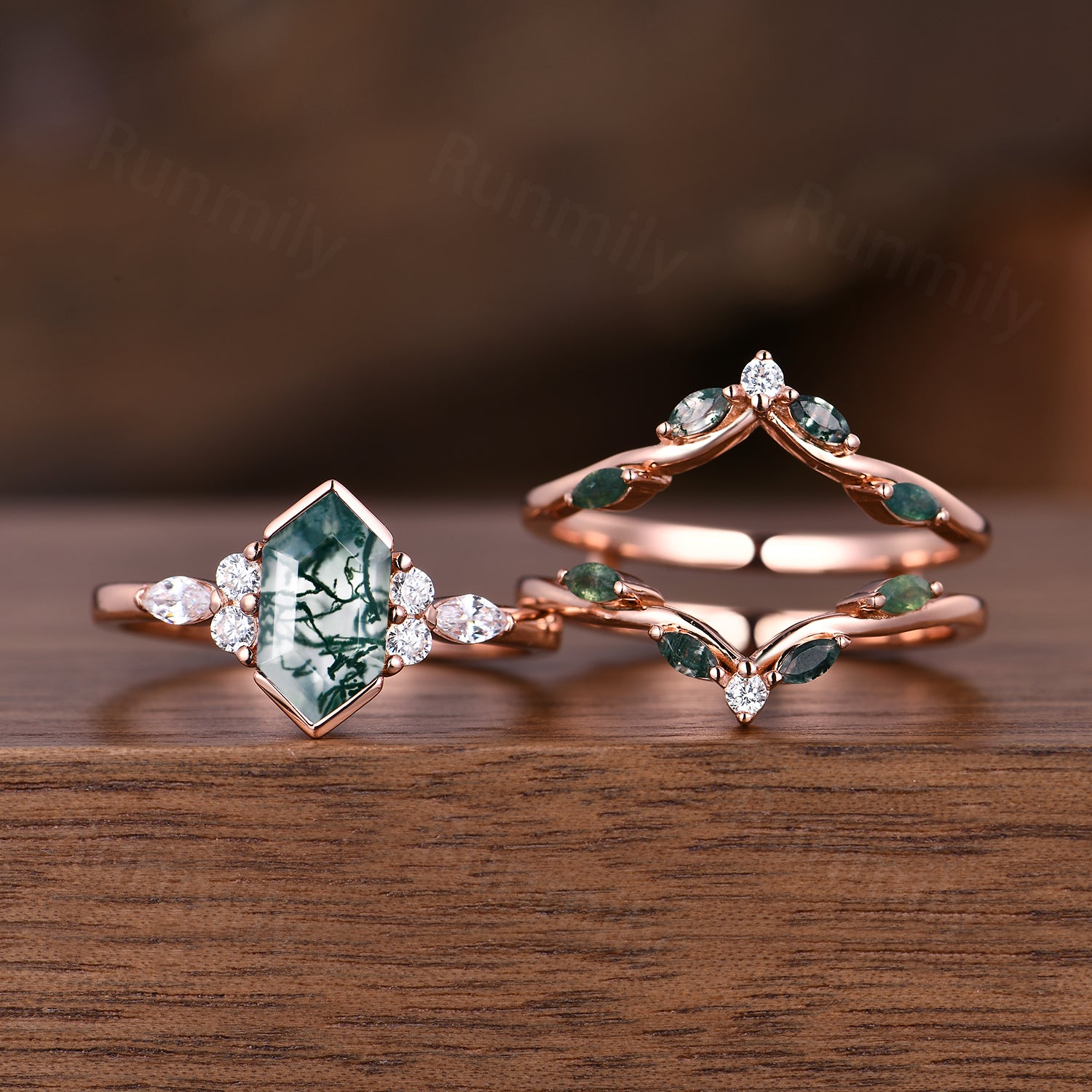 Hexagon moss agate engagement ring set Vintage double band wedding ring Unique Rose gold moissanite ring bridal promise women gift