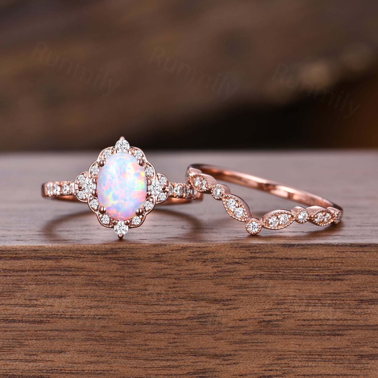 Oval shaped Opal engagement ring set rose gold opal ring vintage moissanite wedding ring October birthstone ring unique bridal wedding set