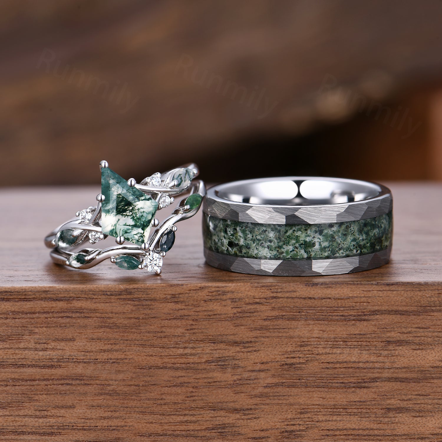 Kite Green Moss Agate Ring Set- His and Hers Wedding Band- Silver & Tungsten Ring Set- Matching Nature Couples Promise Ring