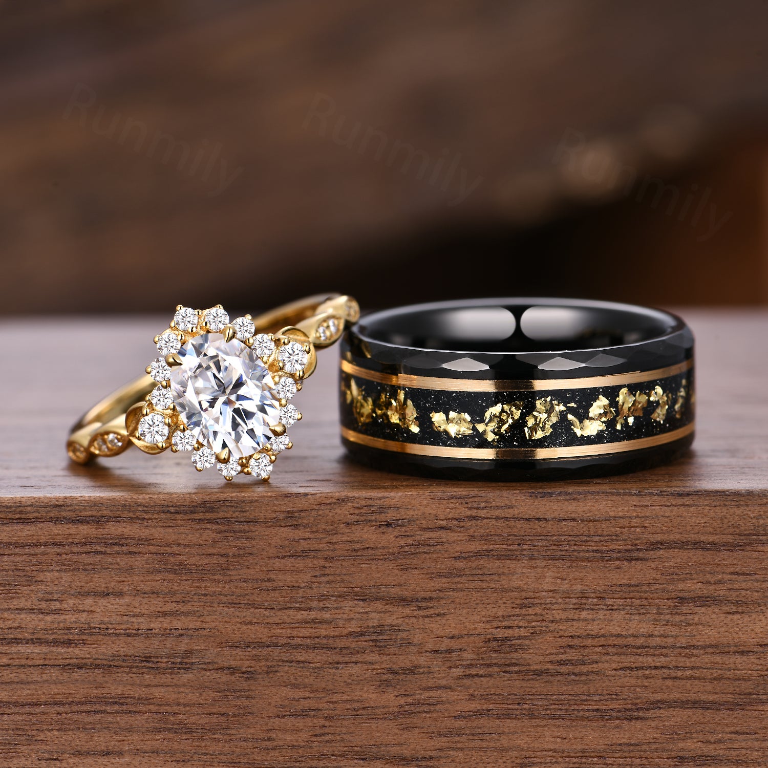 Vintage Moissanite Couples Ring Set Unique Oval Diamond Bridal Ring Yellow Gold His and Hers Wedding Bands Matching Ring Set