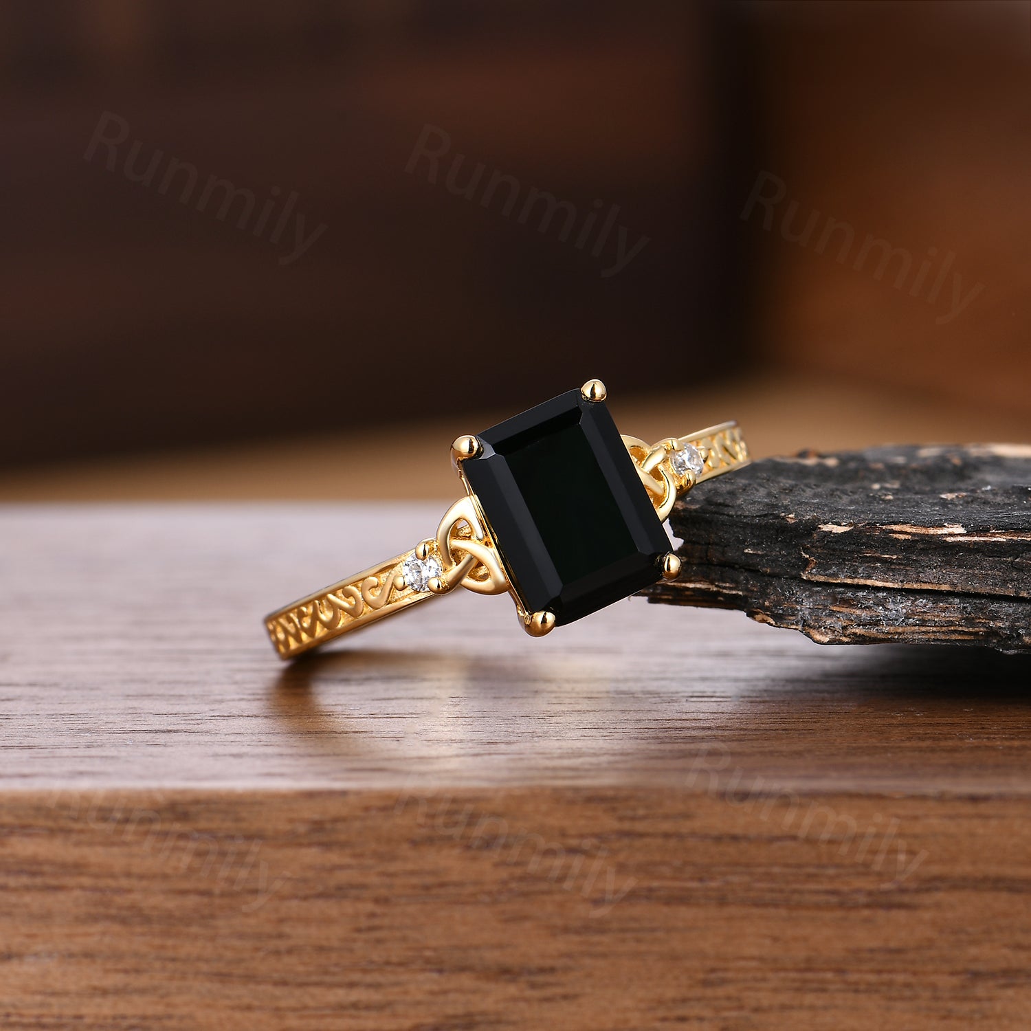 Antique Filigree Black Onyx Engagement Ring Yellow Gold Celtic Knot Ring Vintage Emerald Cut Promise Rings For Women Personalized Jewelry