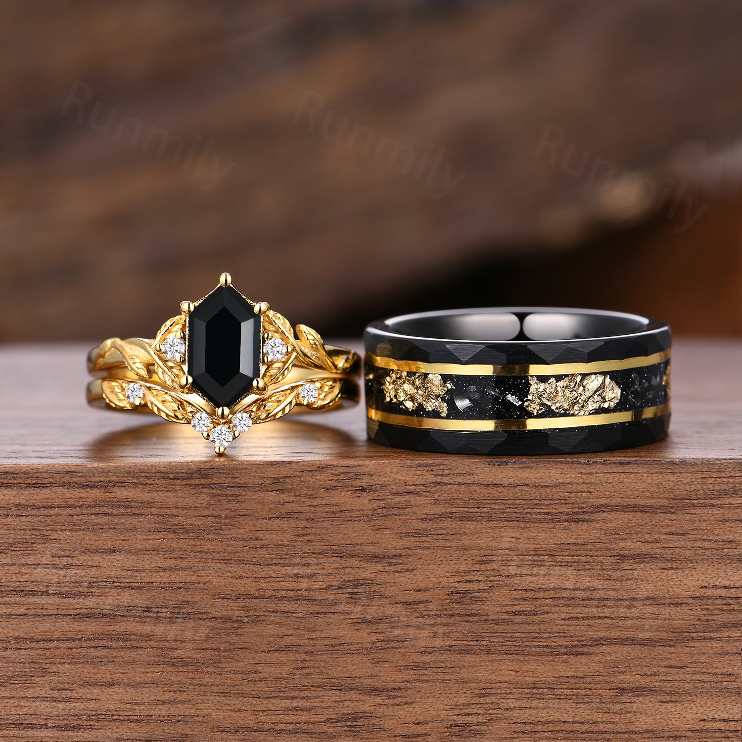 Black Onyx & Meteorite Gold Leaf Couples Ring- His and Hers Wedding Band- Yellow Gold Ring Set- Nature Couples Unique Vintage Promise Ring