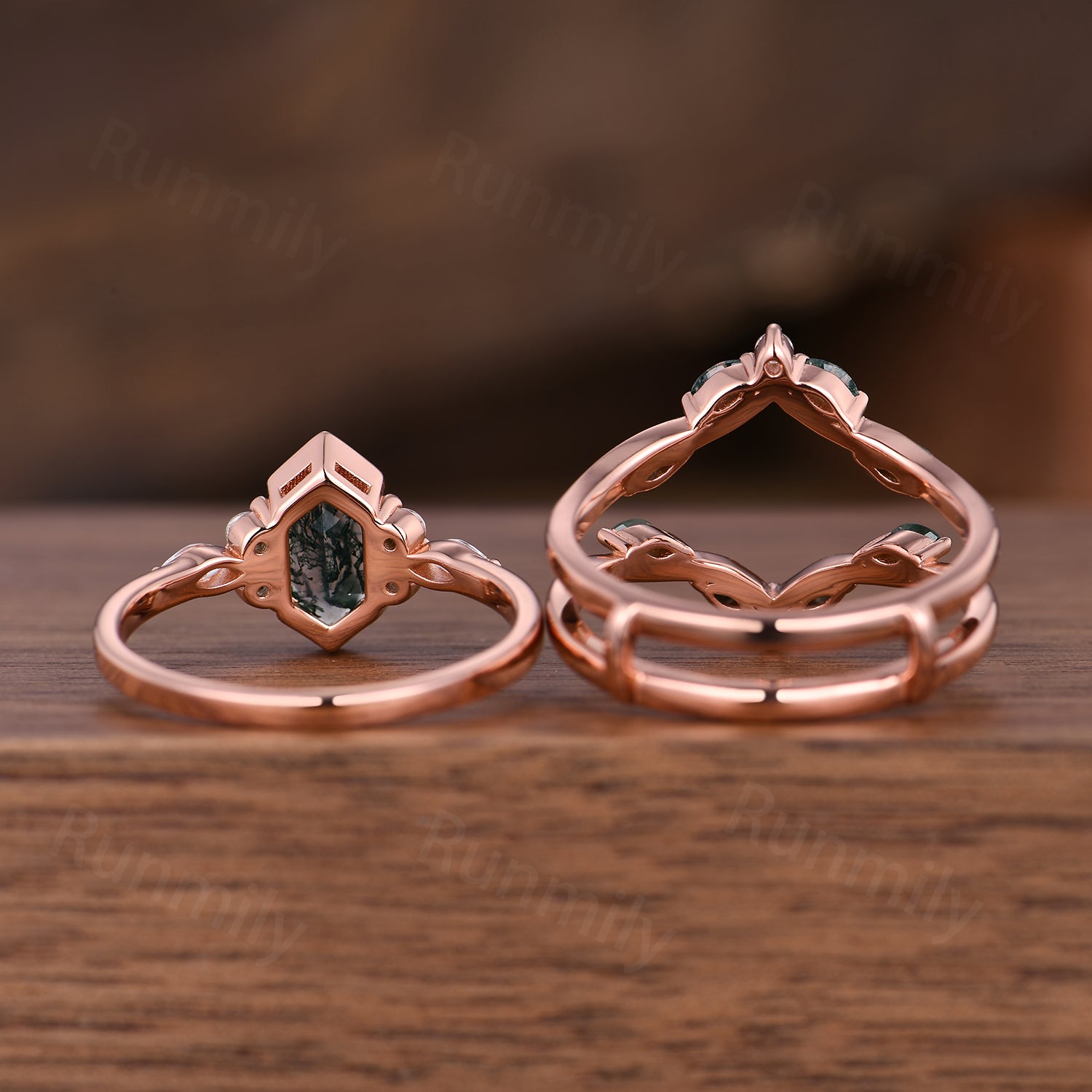 Hexagon moss agate engagement ring set Vintage double band wedding ring Unique Rose gold moissanite ring bridal promise women gift
