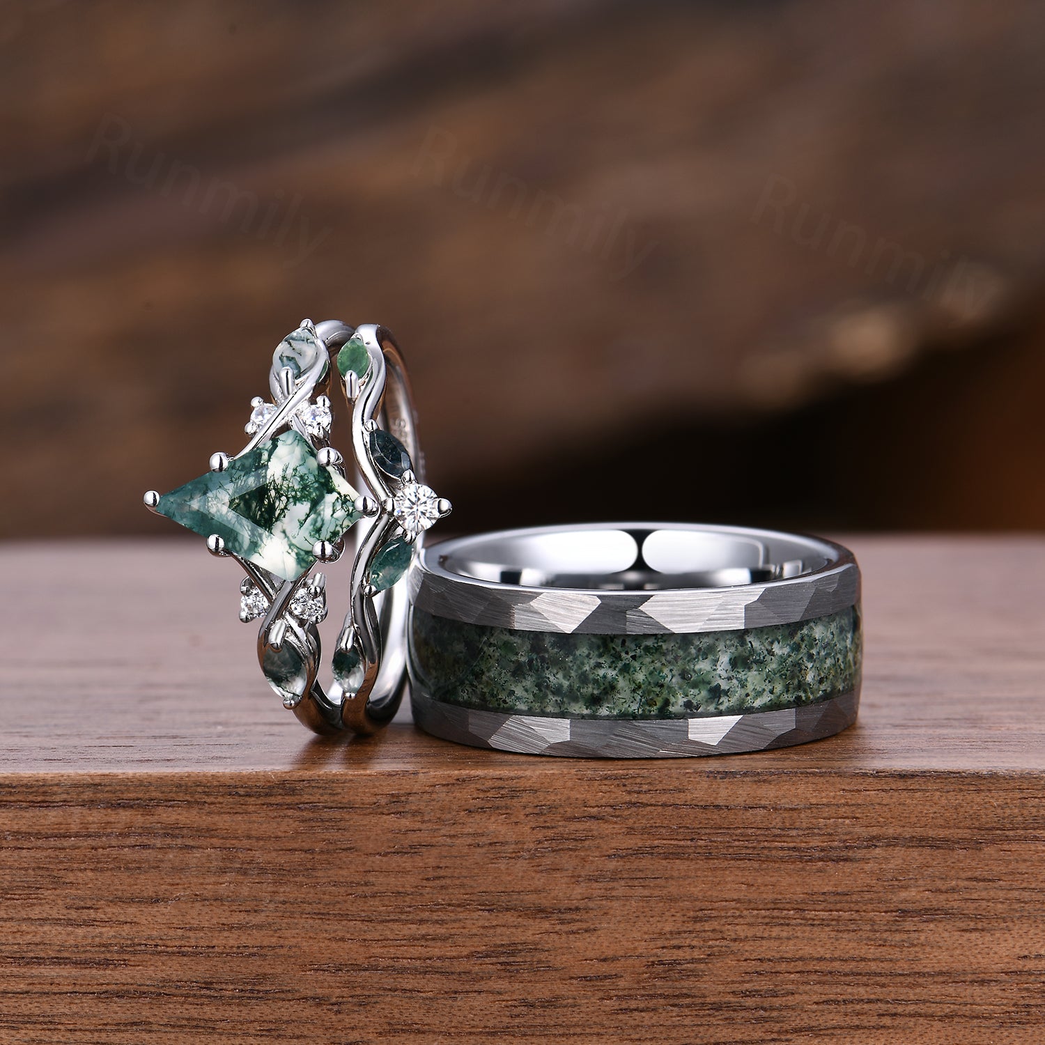 Kite Green Moss Agate Ring Set- His and Hers Wedding Band- Silver & Tungsten Ring Set- Matching Nature Couples Promise Ring
