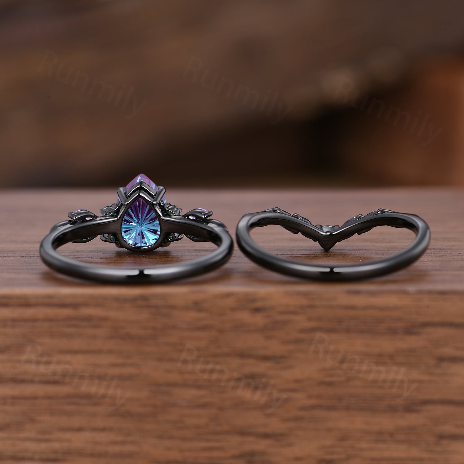 Firework cut Alexandrite Engagement Ring Set, Black Gold Amethyst Emerald Branch Wedding Band